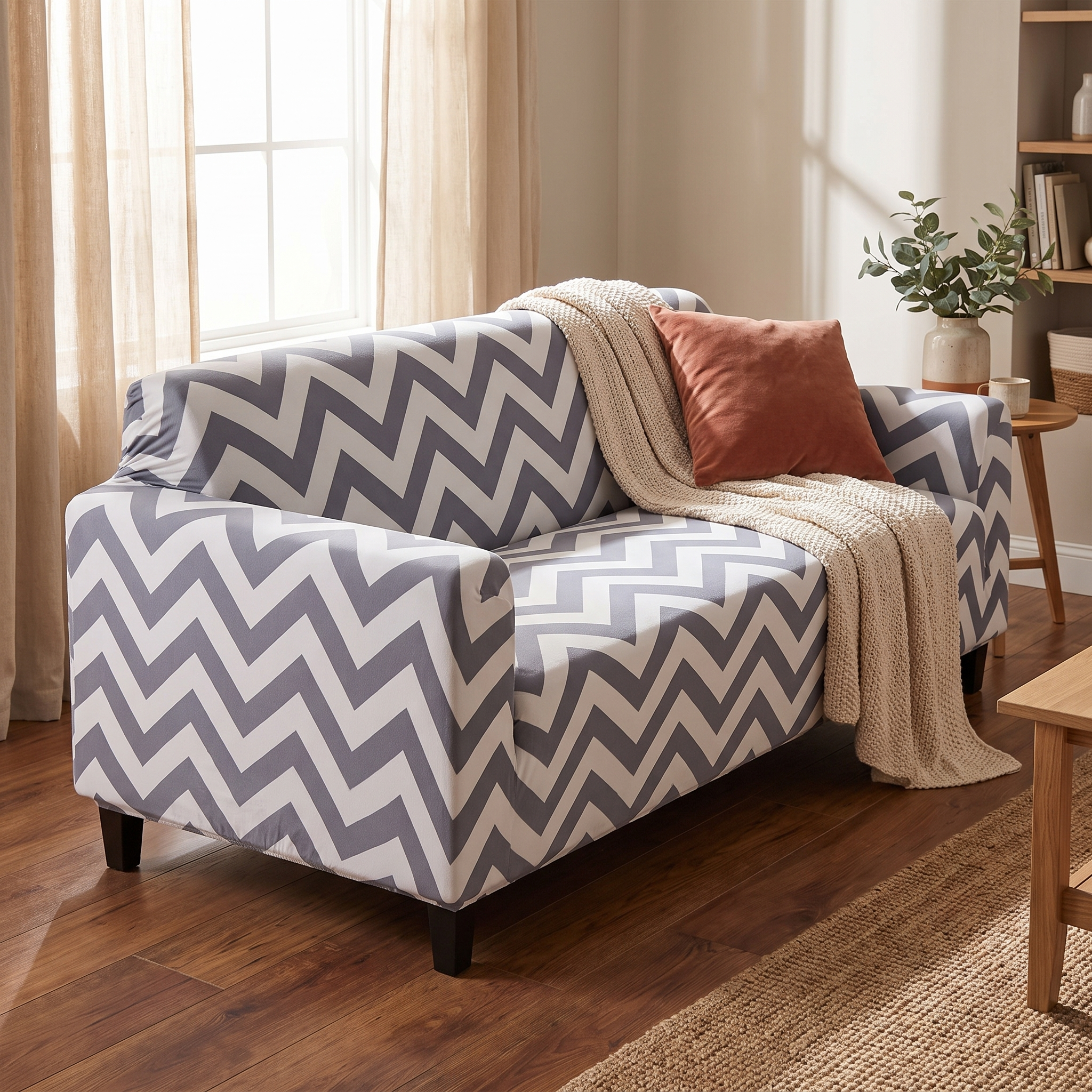 Stretch Sofa Slipcover – Blue White Chevron Print shown in a styled home interior | Brivenzo