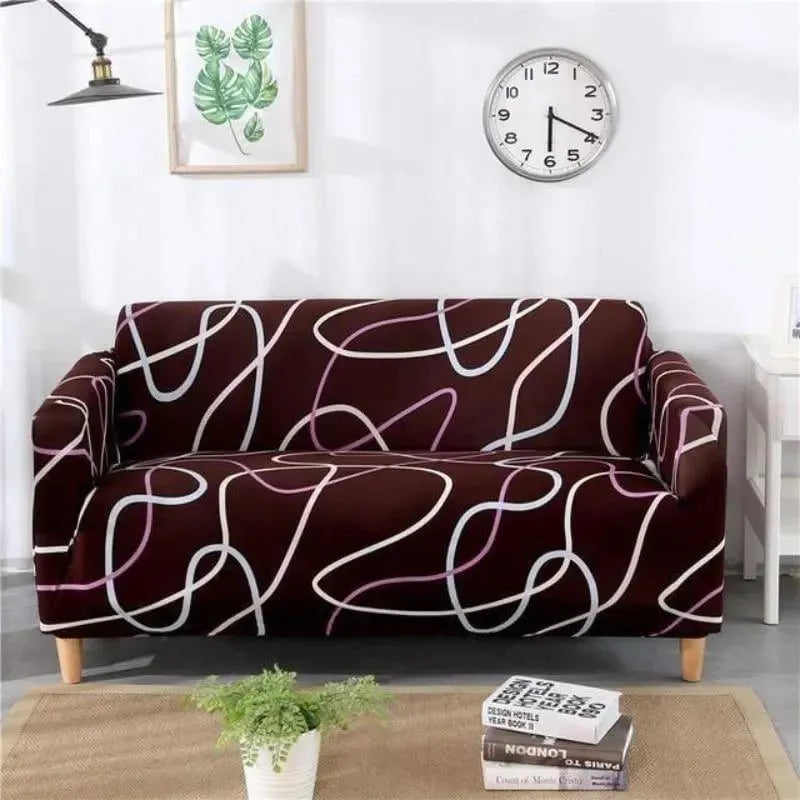 Stretch Sofa Slipcover – Brown Purple Swirl Line Print – product view 4 | Brivenzo