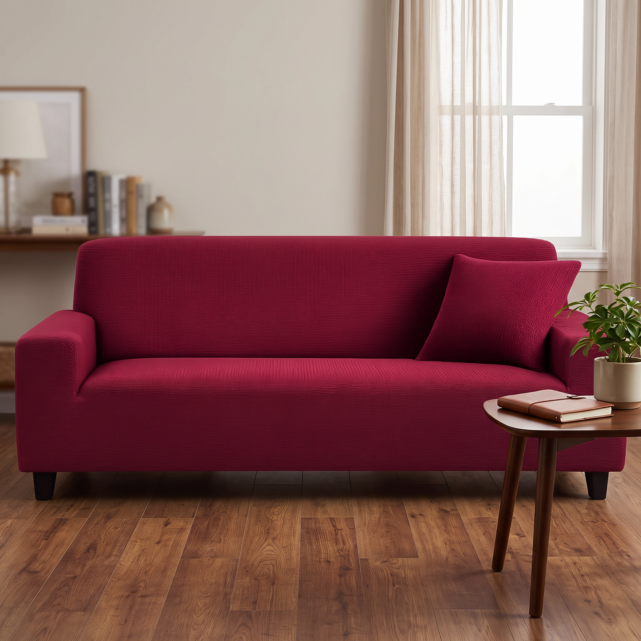 Stretch Sofa Slipcover – Burgundy Ribbed Stretch Fabric shown in a styled home interior | Brivenzo
