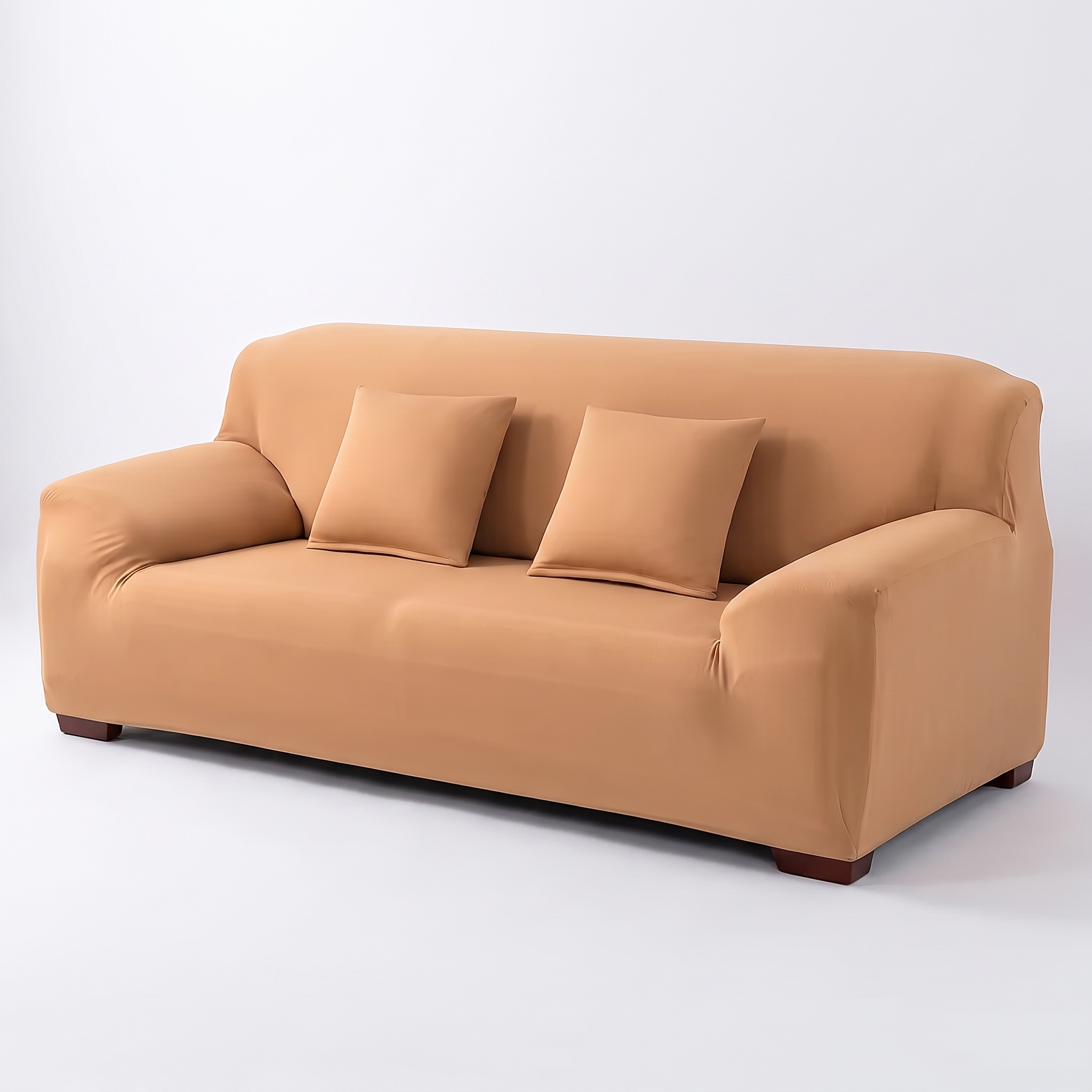 Stretch sofa slipcover in camel, front view