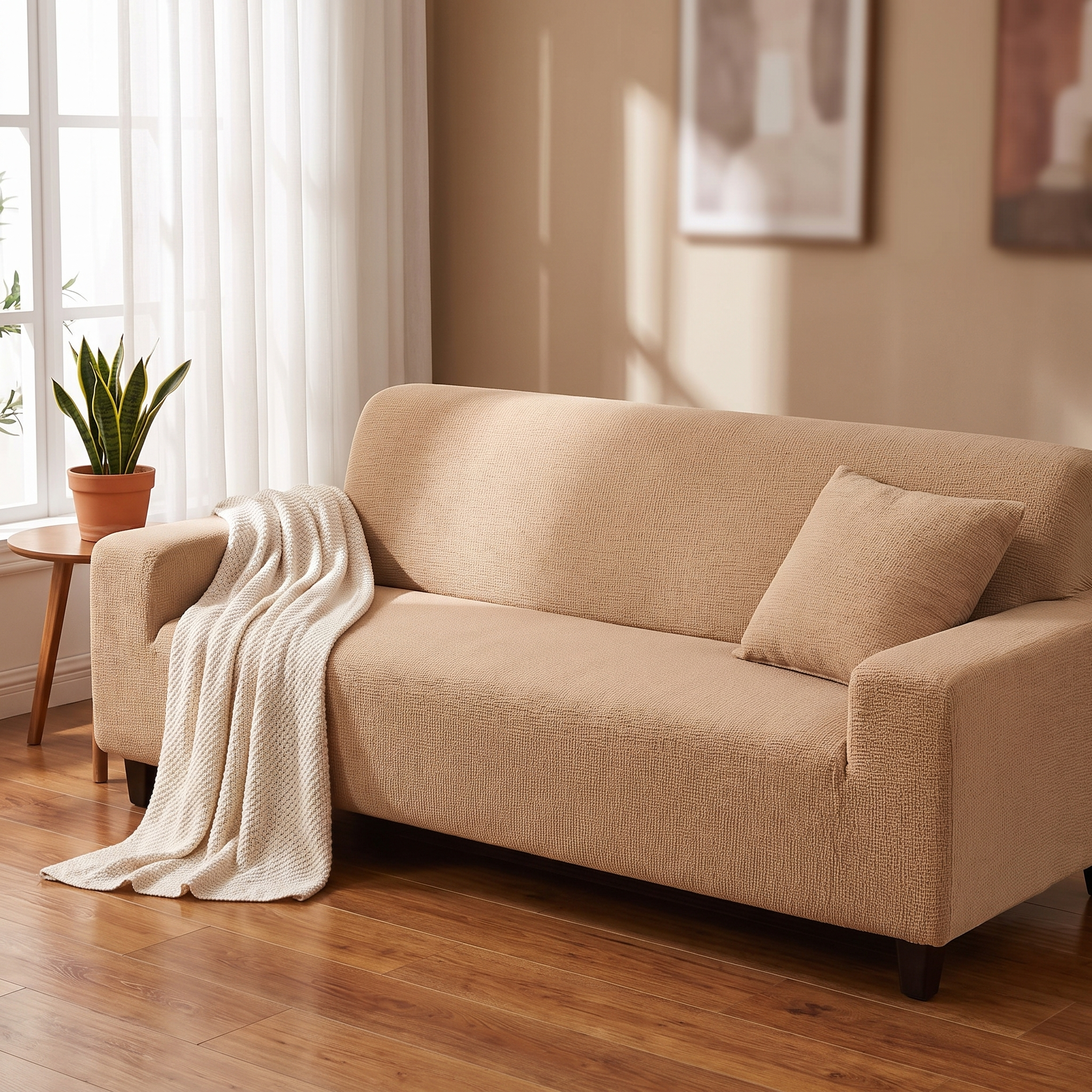 Stretch Sofa Slipcover – Camel Ribbed Stretch Fabric shown in a styled home interior | Brivenzo