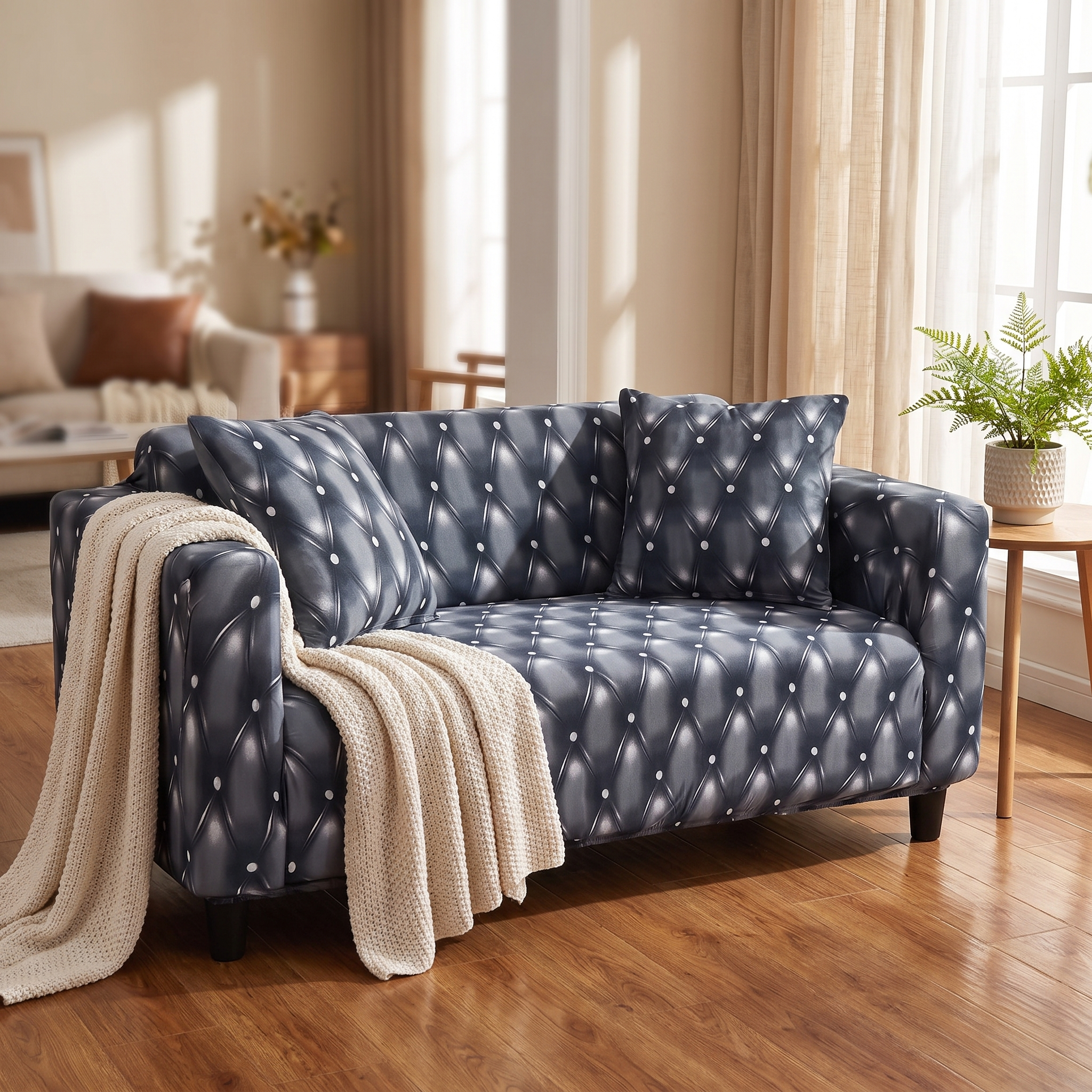 Stretch Sofa Slipcover – Charcoal Diamond Quilted Pattern shown in a styled home interior | Brivenzo