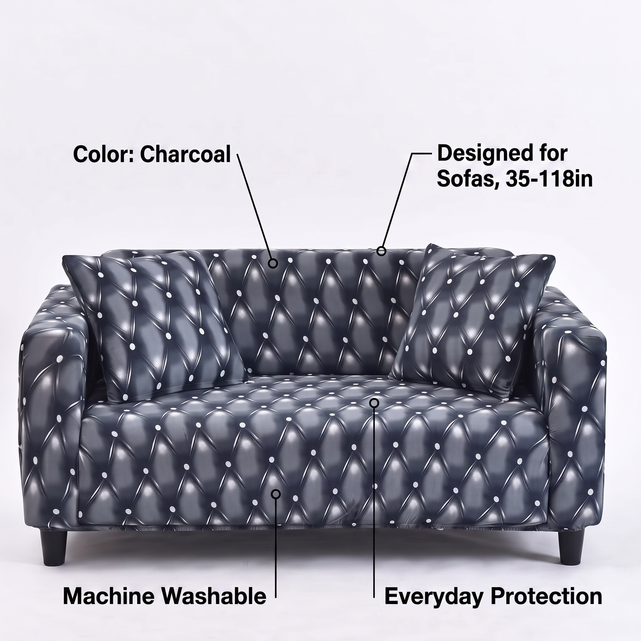 Stretch Sofa Slipcover – Charcoal Diamond Quilted Pattern – features and specifications overview | Brivenzo