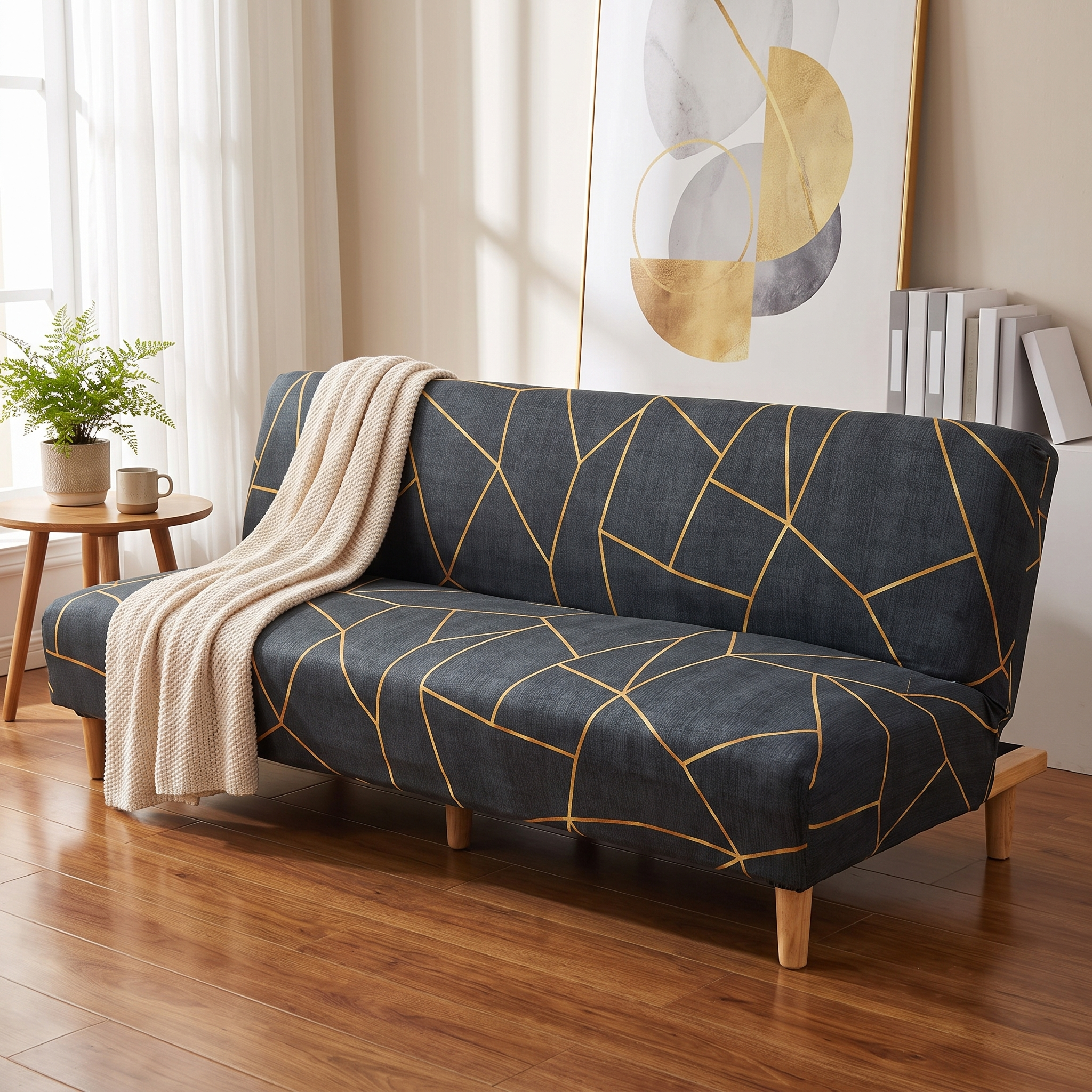 Stretch Sofa Slipcover – Charcoal Gold Geometric Crystal Print Sofa Bed shown in a styled home interior | Brivenzo