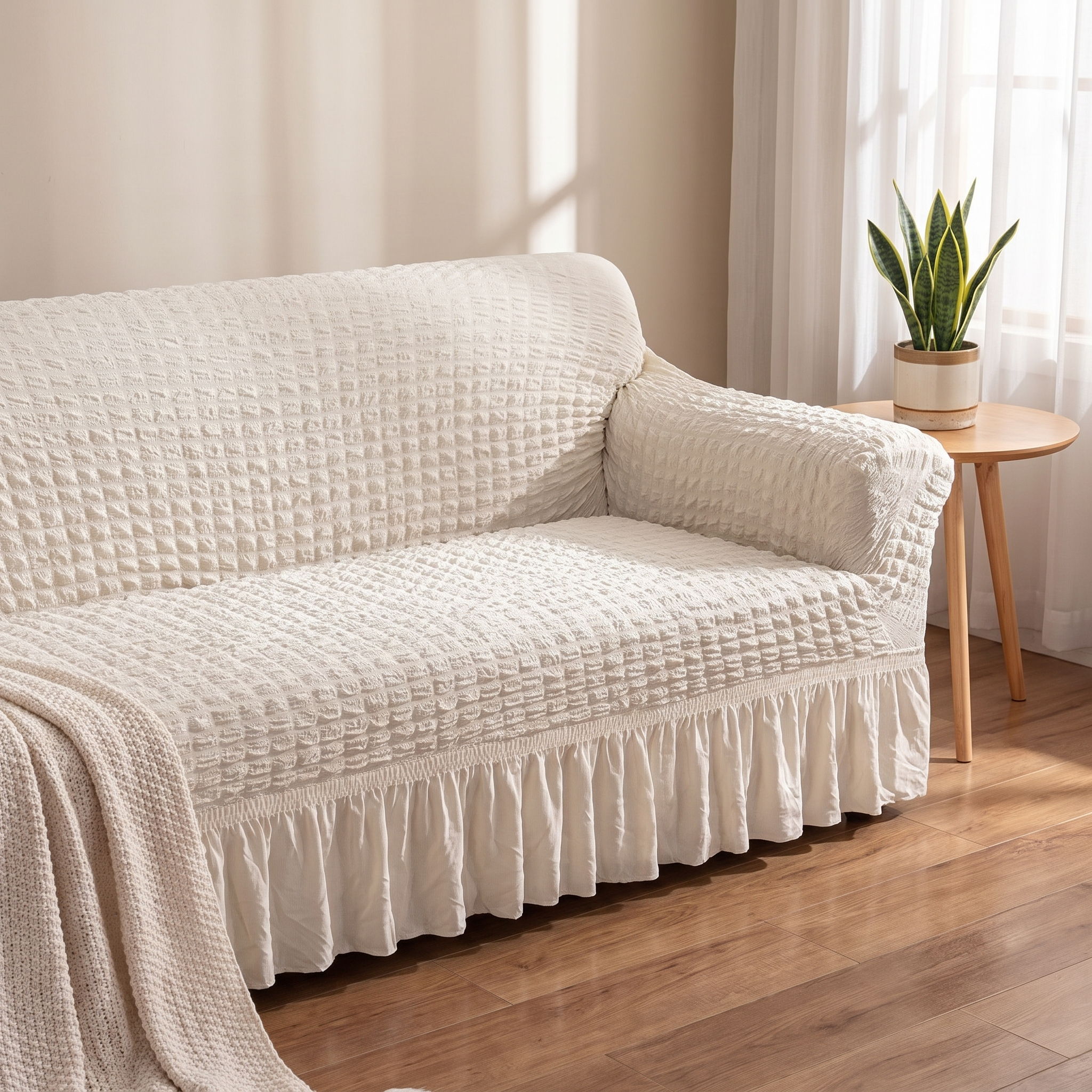 Stretch Sofa Slipcover – Cream White Ruffled Skirt shown in a styled home interior | Brivenzo