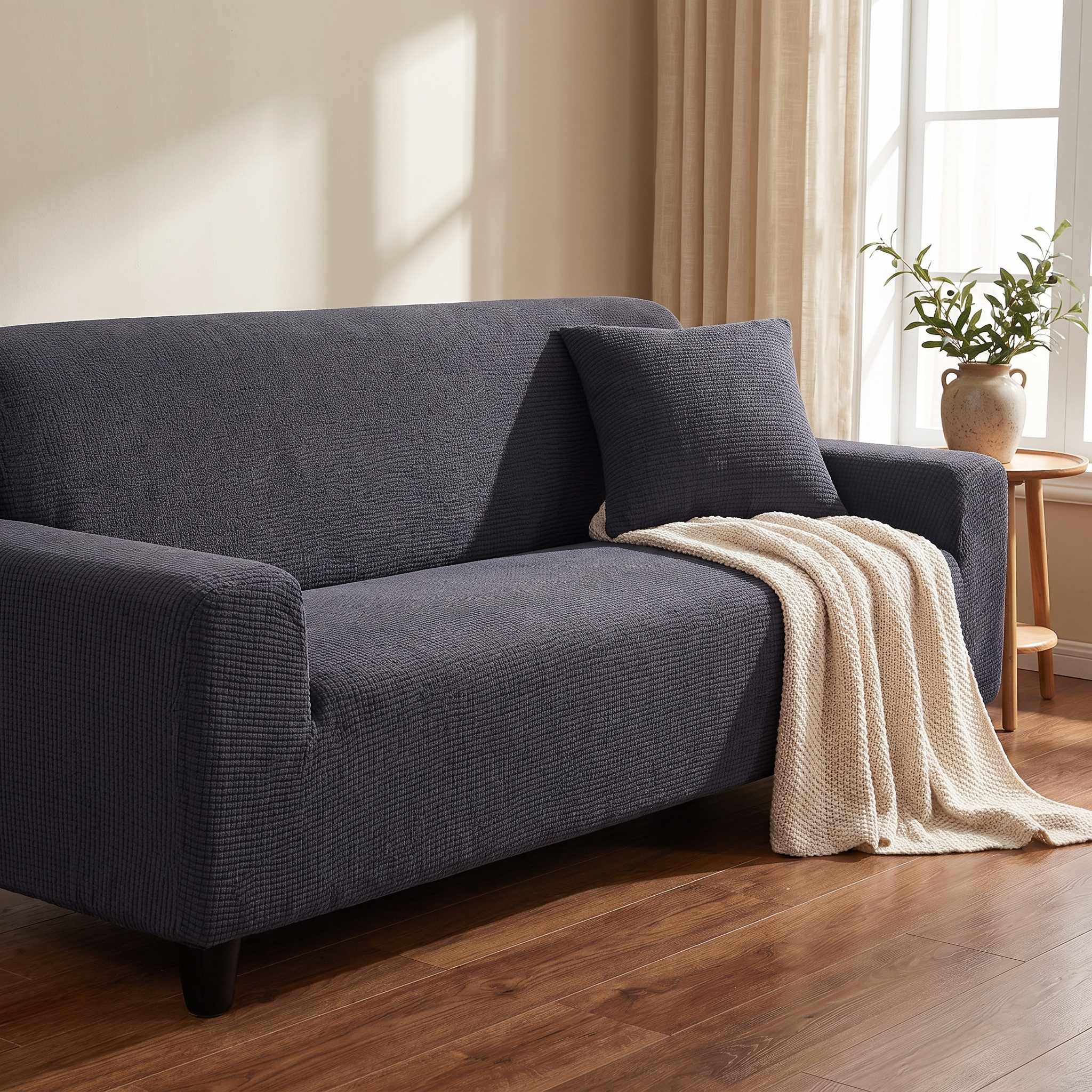 Stretch Sofa Slipcover – Dark Grey Microfiber shown in a styled home interior | Brivenzo