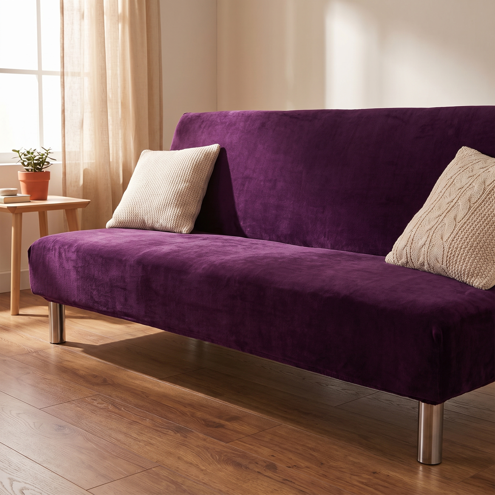 Stretch Sofa Slipcover – Dark Purple Velvet Sofa Bed shown in a styled home interior | Brivenzo