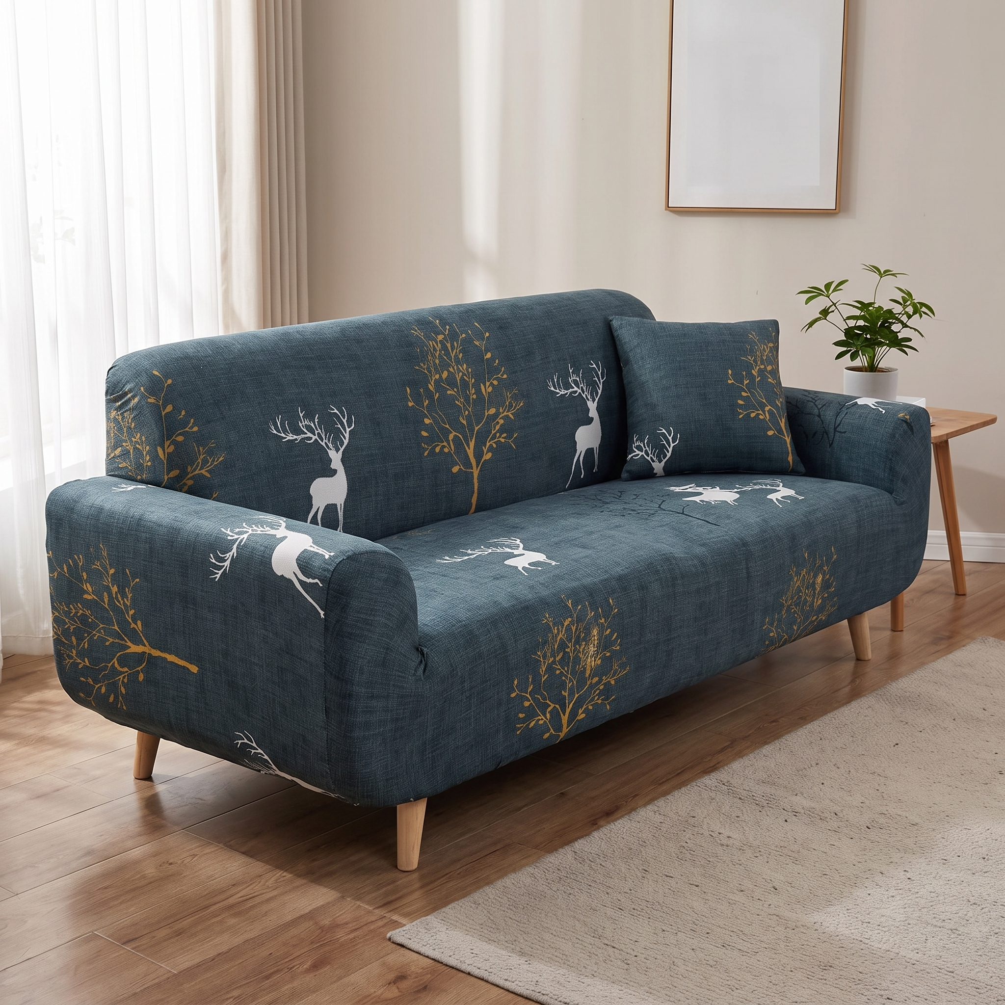 Stretch Sofa Slipcover – Deep Teal Woodland Deer Print shown in a styled home interior | Brivenzo