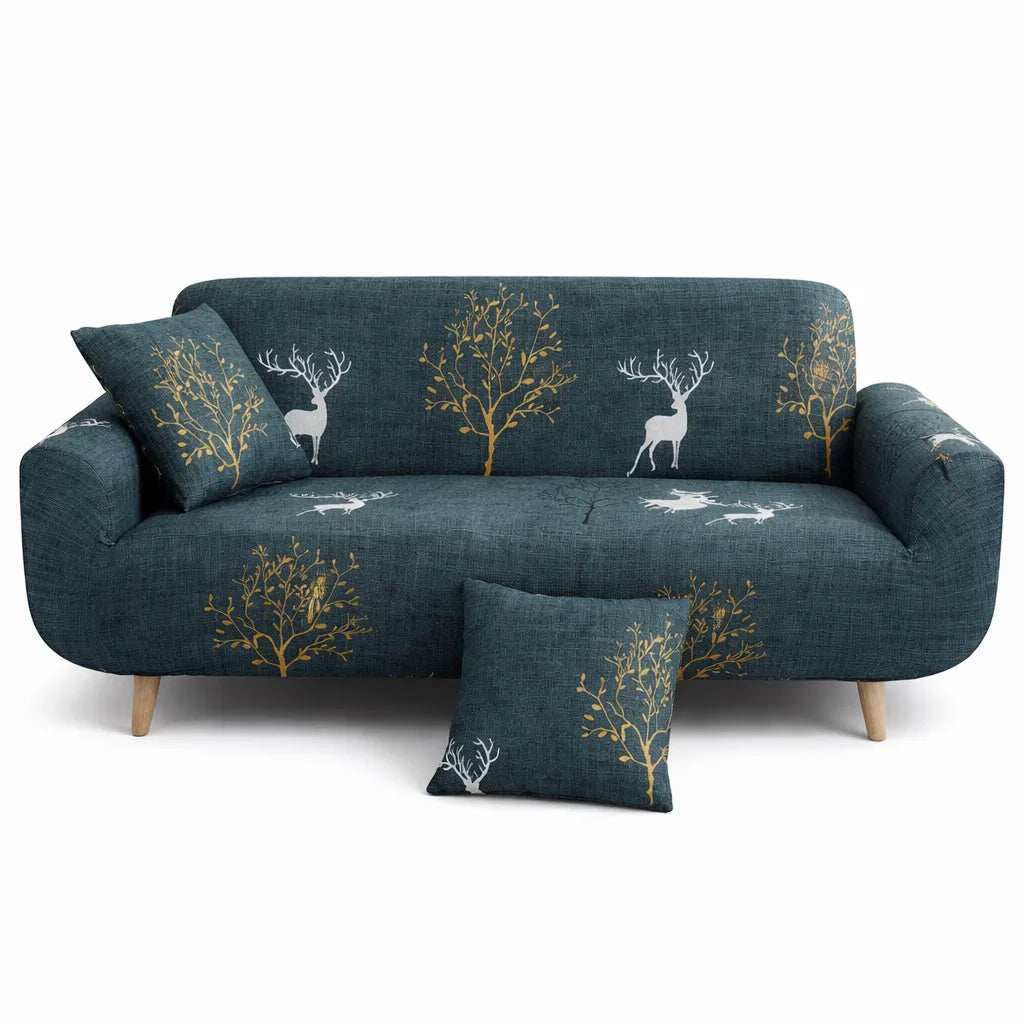 Stretch Sofa Slipcover – Deep Teal Woodland Deer Print – product view 1 | Brivenzo