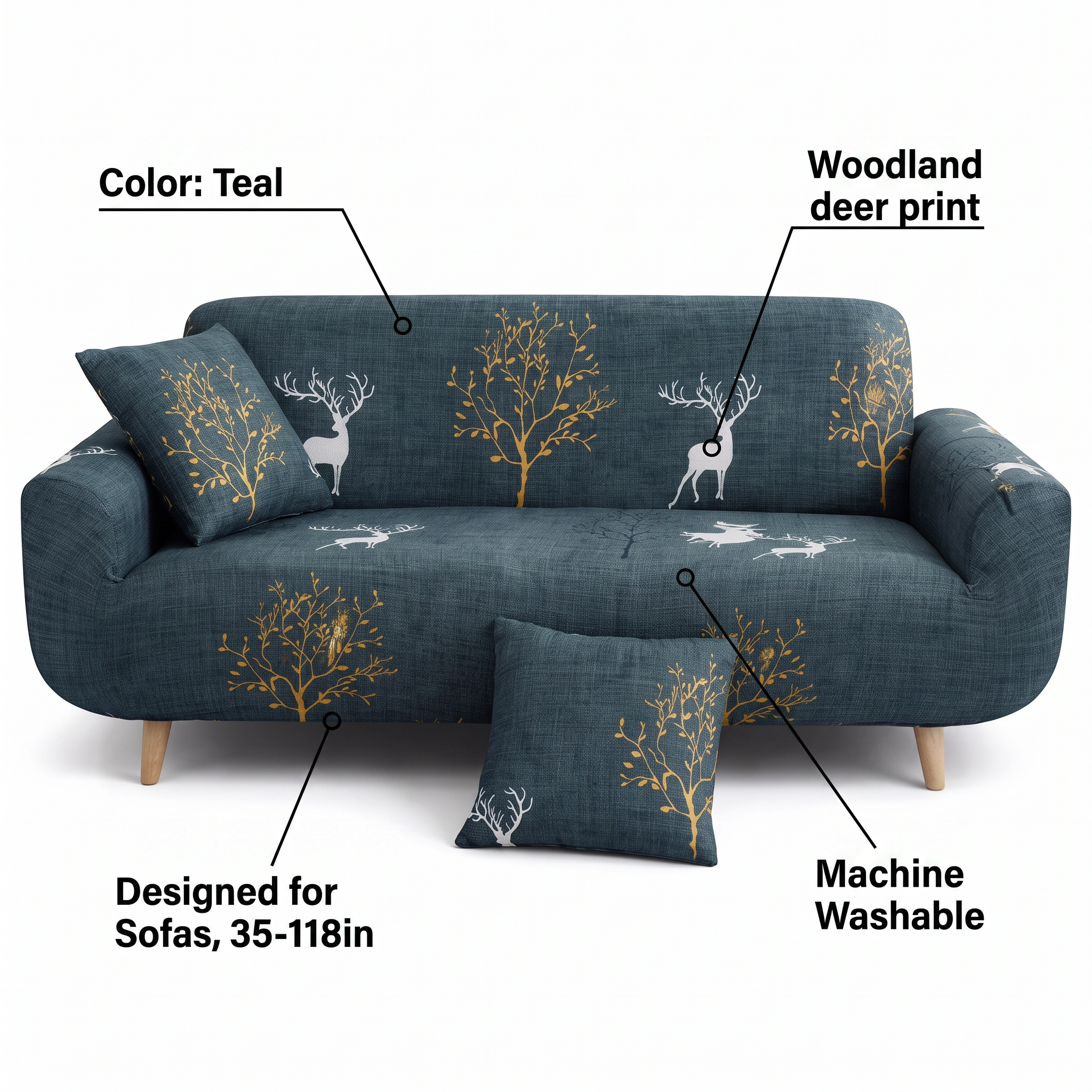 Stretch Sofa Slipcover – Deep Teal Woodland Deer Print – features and specifications overview | Brivenzo