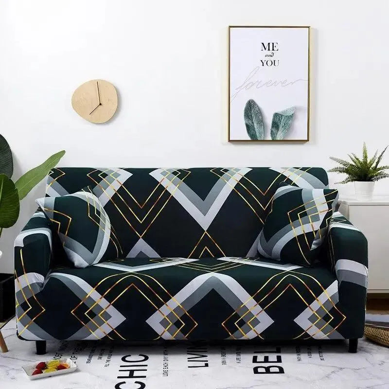 Stretch Sofa Slipcover – Emerald Green Geometric Chevron – product view 5 | Brivenzo