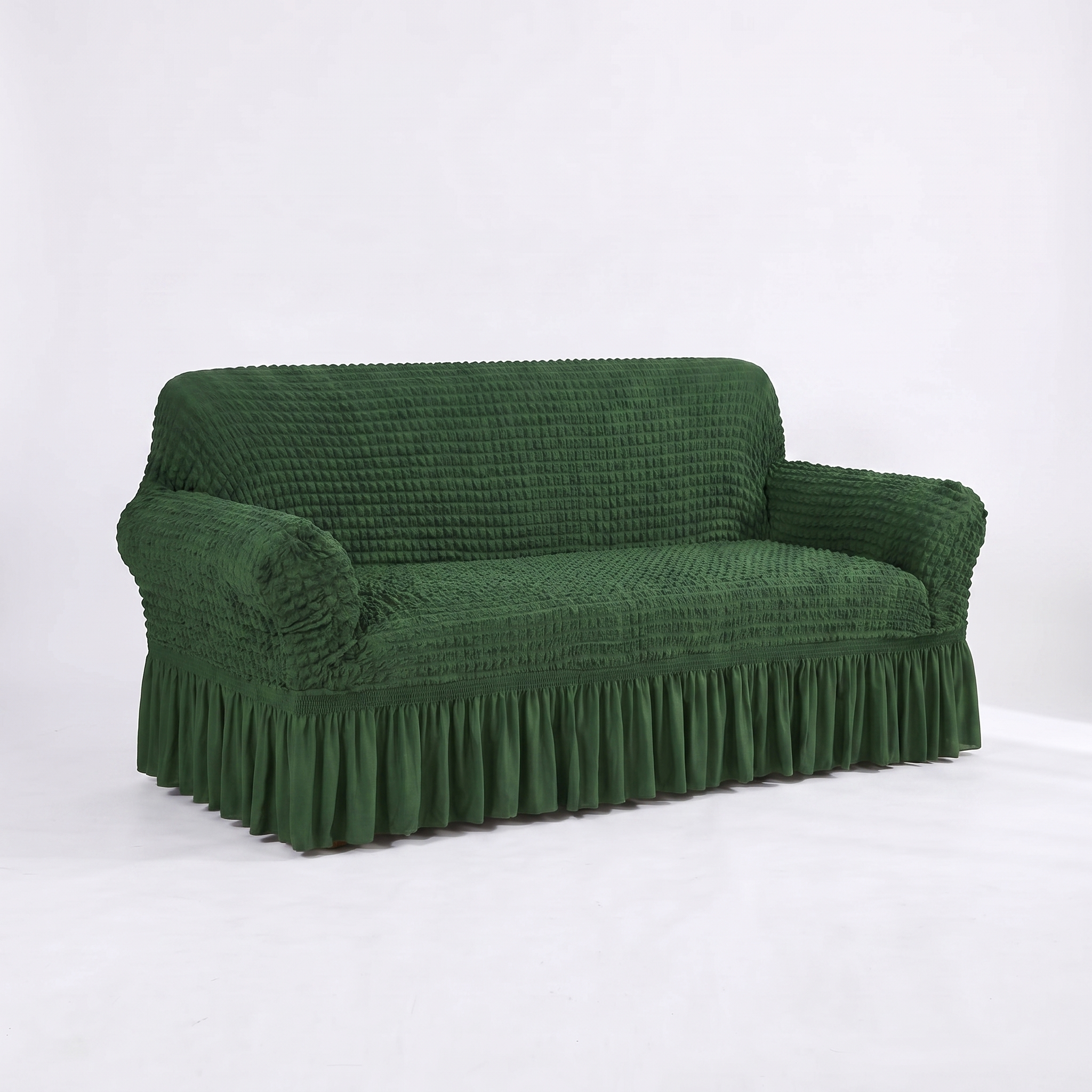Stretch Sofa Slipcover – Forest Green Ruffled Skirt – product photo on a white background | Brivenzo