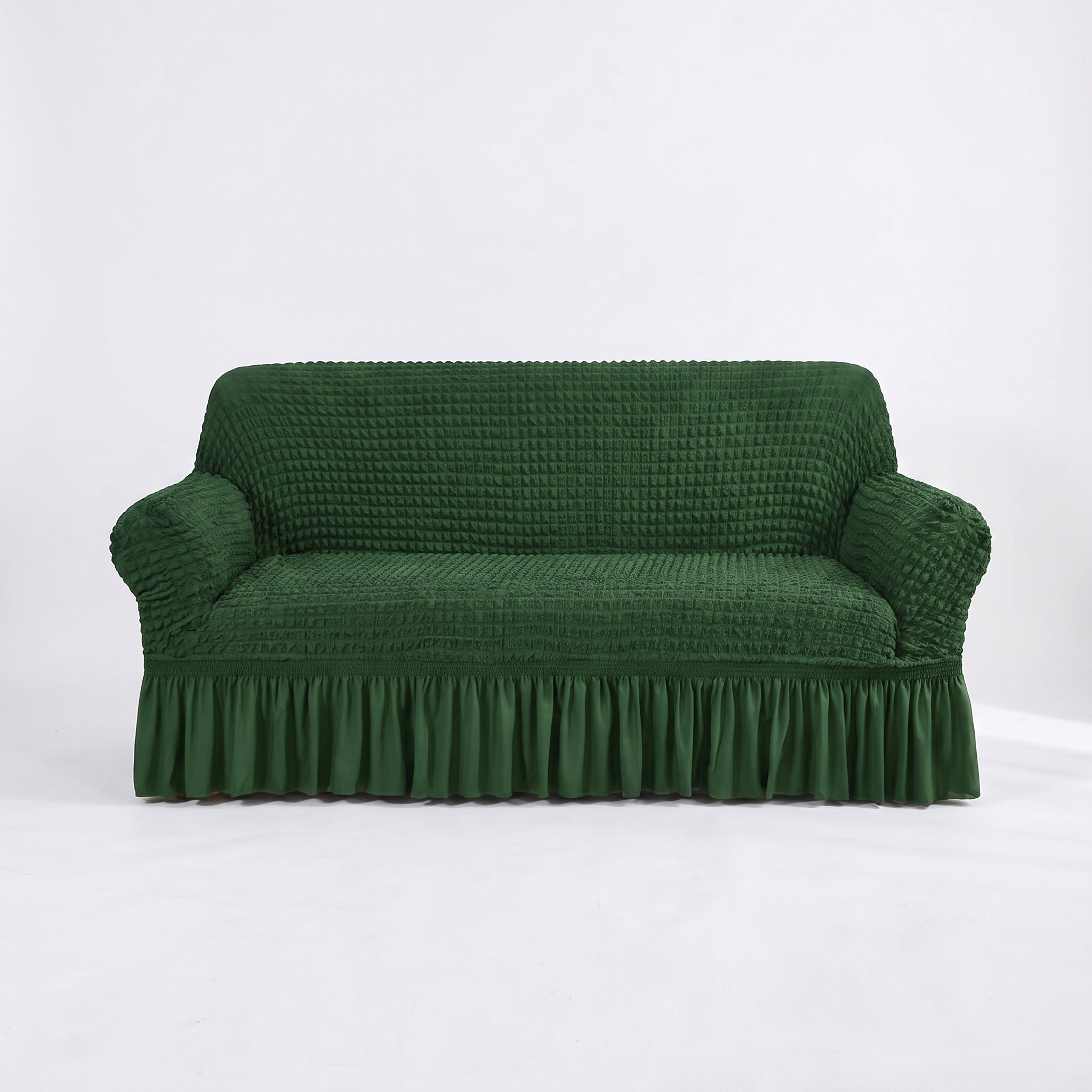 Stretch Sofa Slipcover – Forest Green Ruffled Skirt – product view 4 | Brivenzo