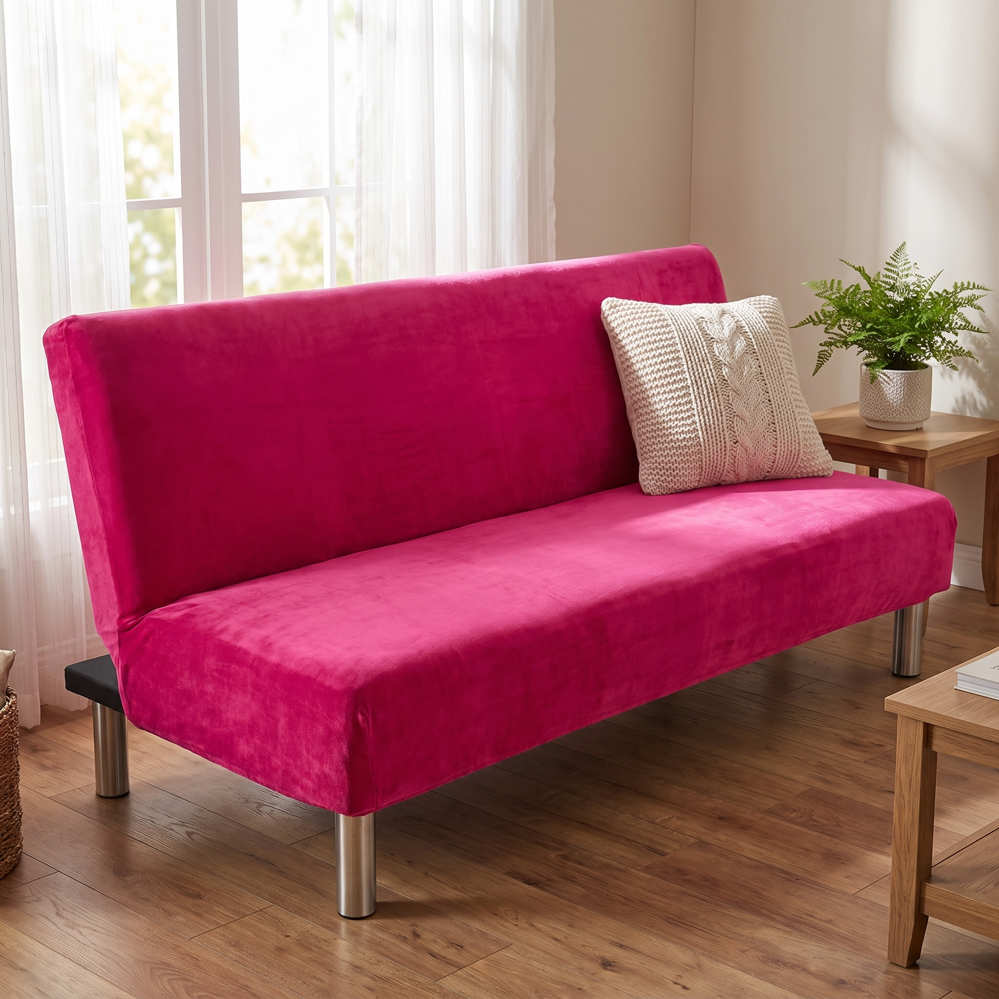Stretch Sofa Slipcover – Fuchsia Pink Velvet Sofa Bed shown in a styled home interior | Brivenzo