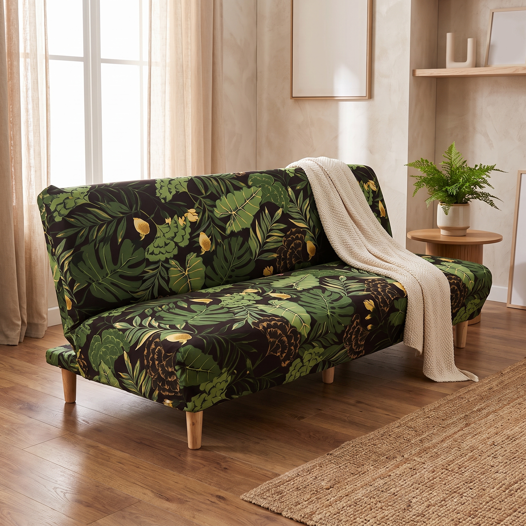 Stretch Sofa Slipcover – Green Black Tropical Leaf Print Sofa Bed shown in a styled home interior | Brivenzo