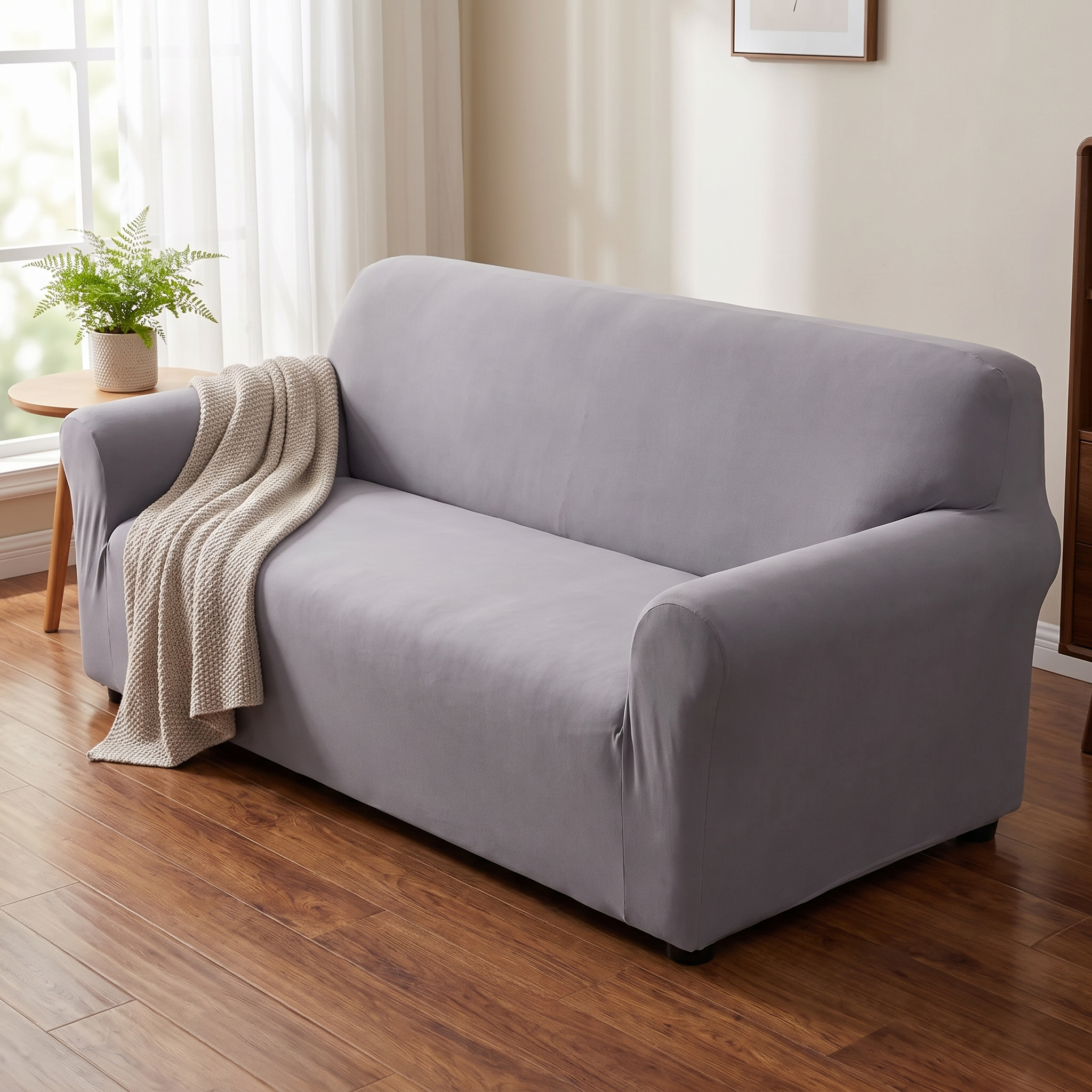Grey stretch sofa slipcover in a cozy living room