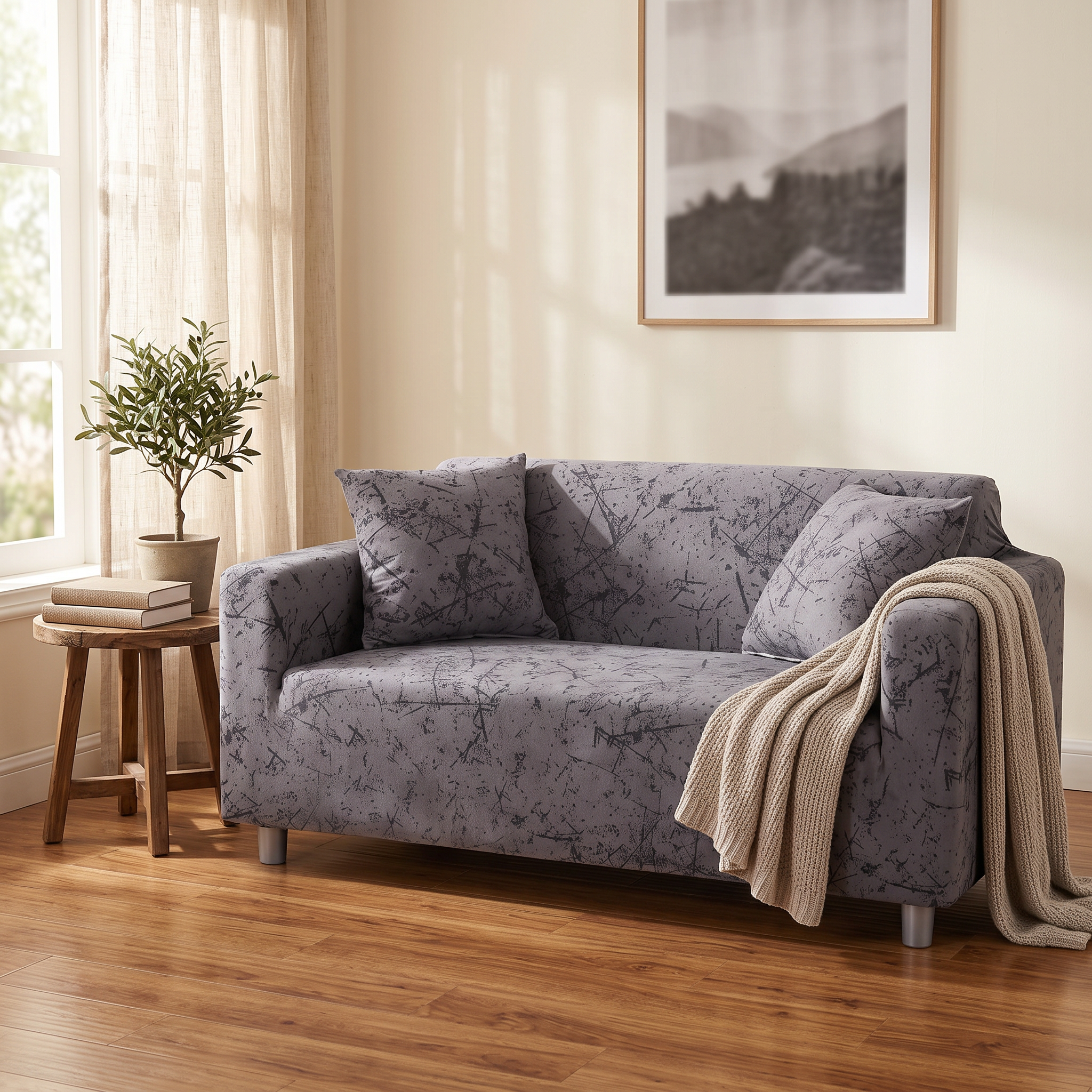 Stretch Sofa Slipcover – Grey Abstract Crackle Print shown in a styled home interior | Brivenzo