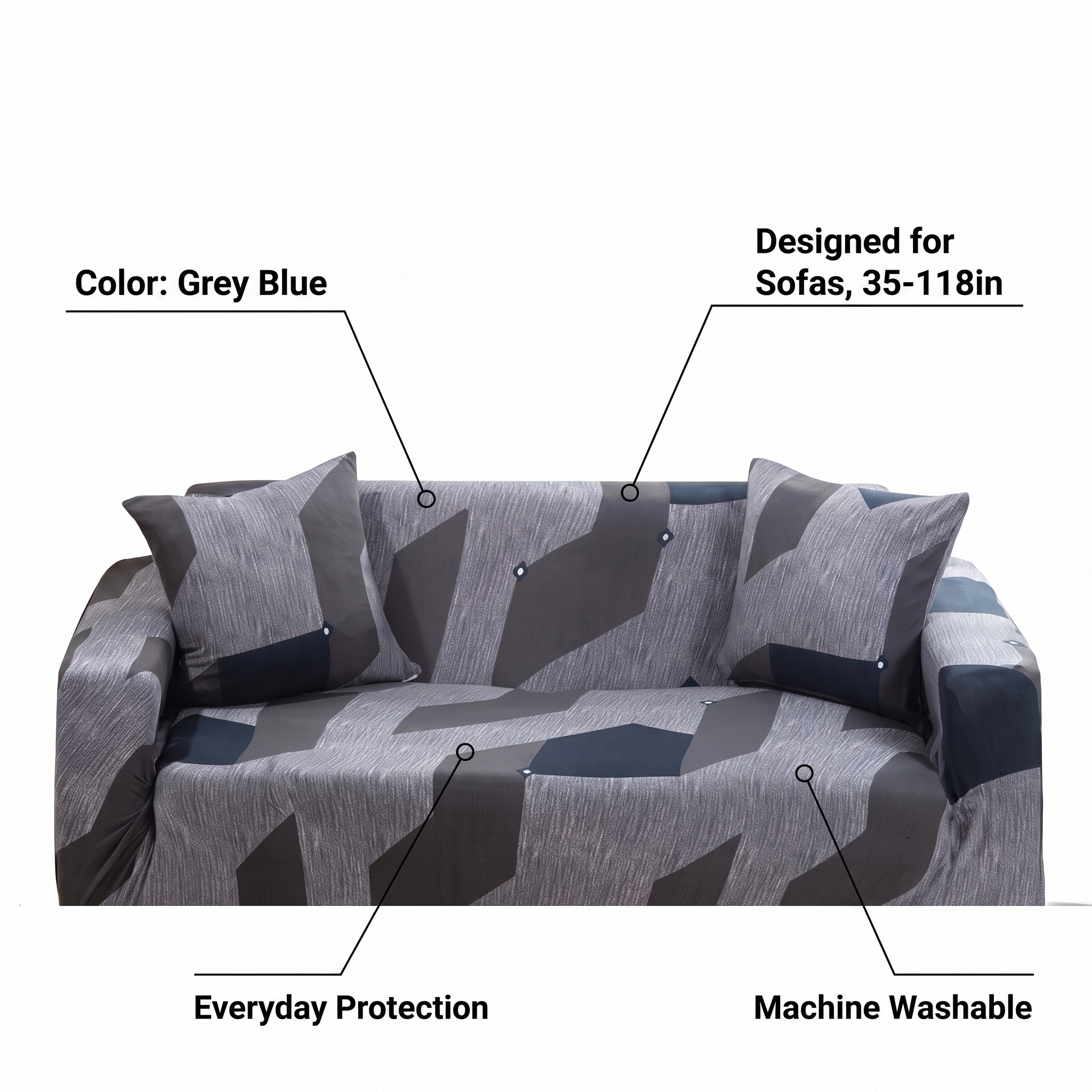 Stretch Sofa Slipcover – Grey & Blue Geometric Pattern – features and specifications overview | Brivenzo