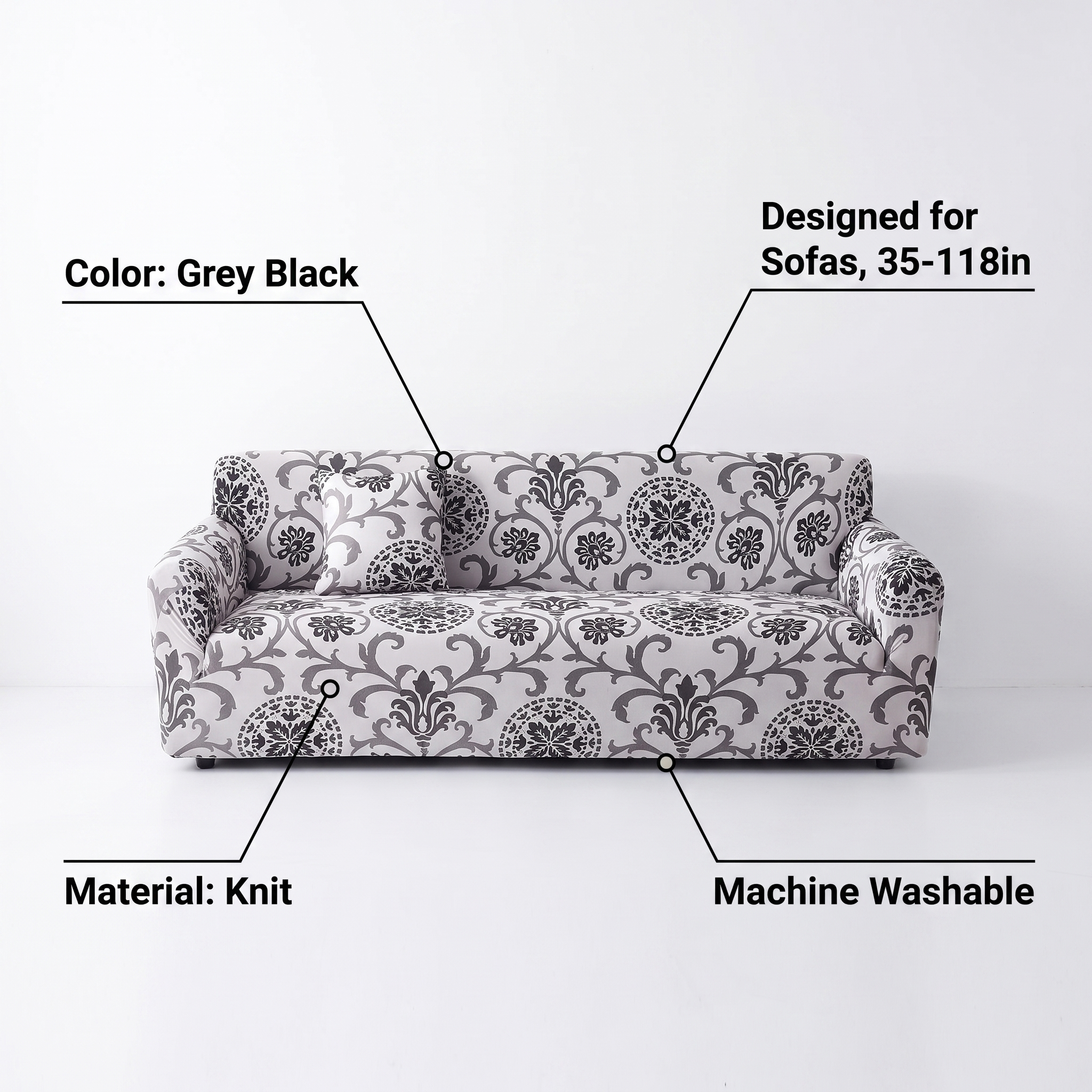 Stretch Sofa Slipcover – Grey Black Damask Print – features and specifications overview | Brivenzo
