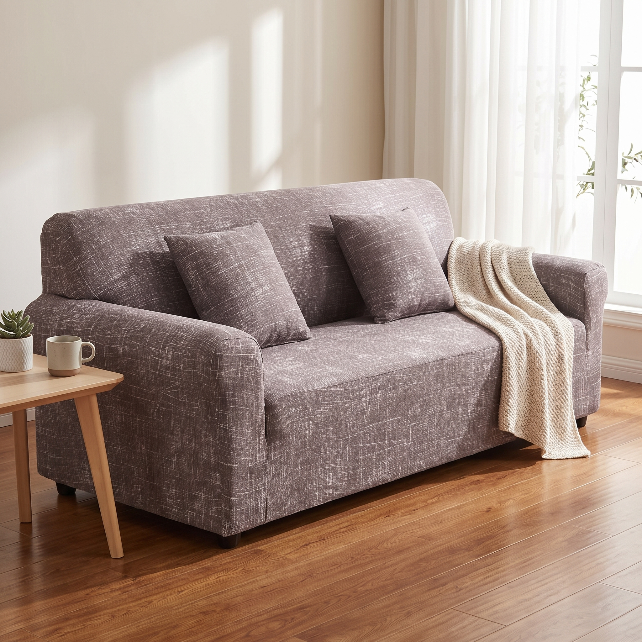 Stretch Sofa Slipcover – Grey Crosshatch Scratch Print shown in a styled home interior | Brivenzo