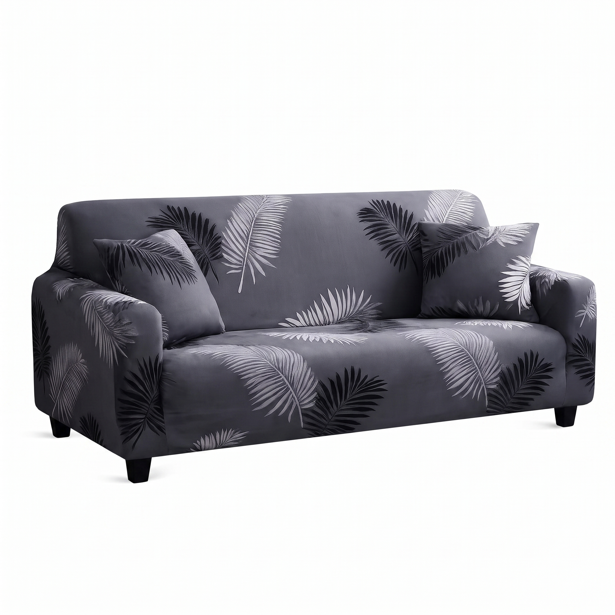 Stretch Sofa Slipcover – Grey Palm Leaf Print – product photo on a white background | Brivenzo