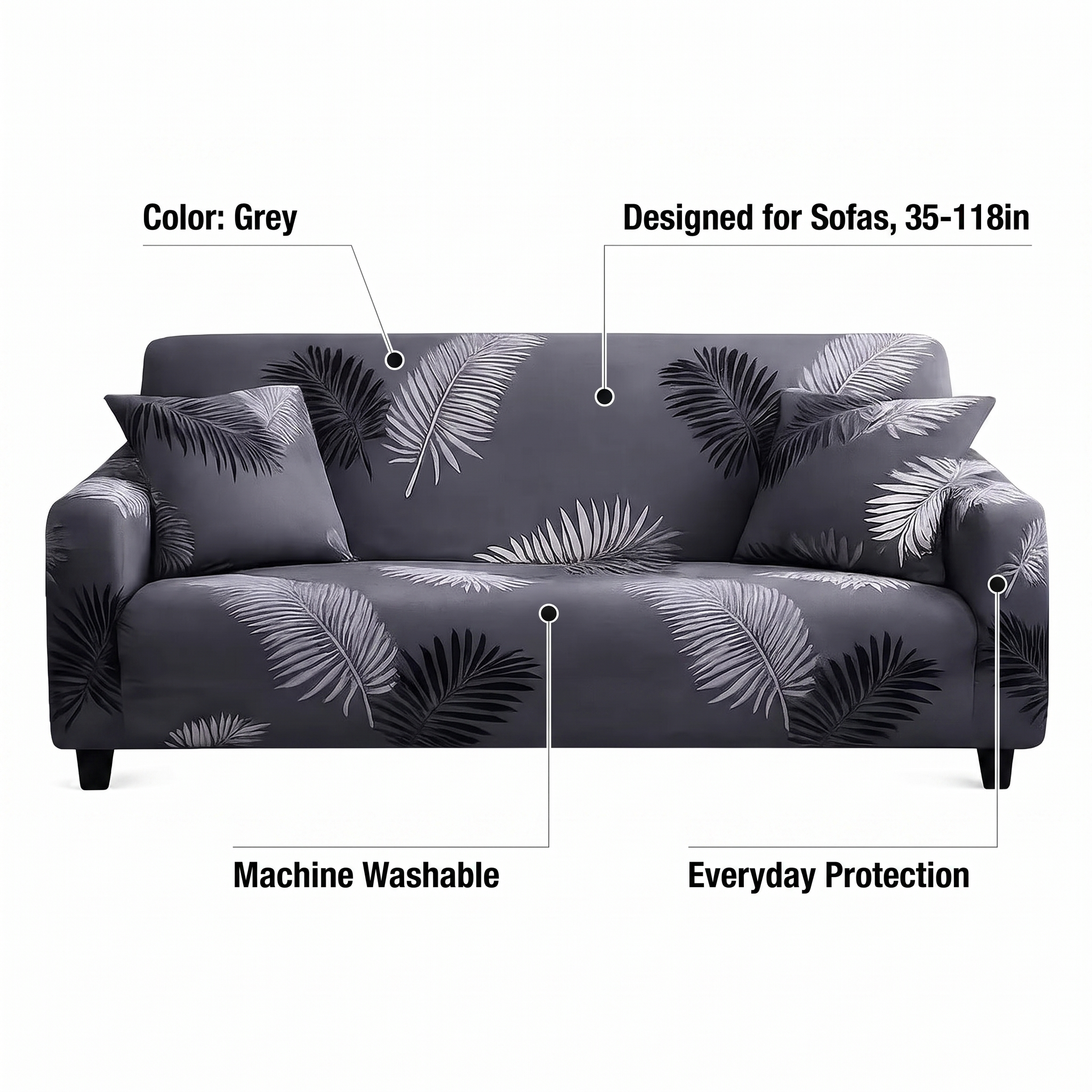 Stretch Sofa Slipcover – Grey Palm Leaf Print – features and specifications overview | Brivenzo
