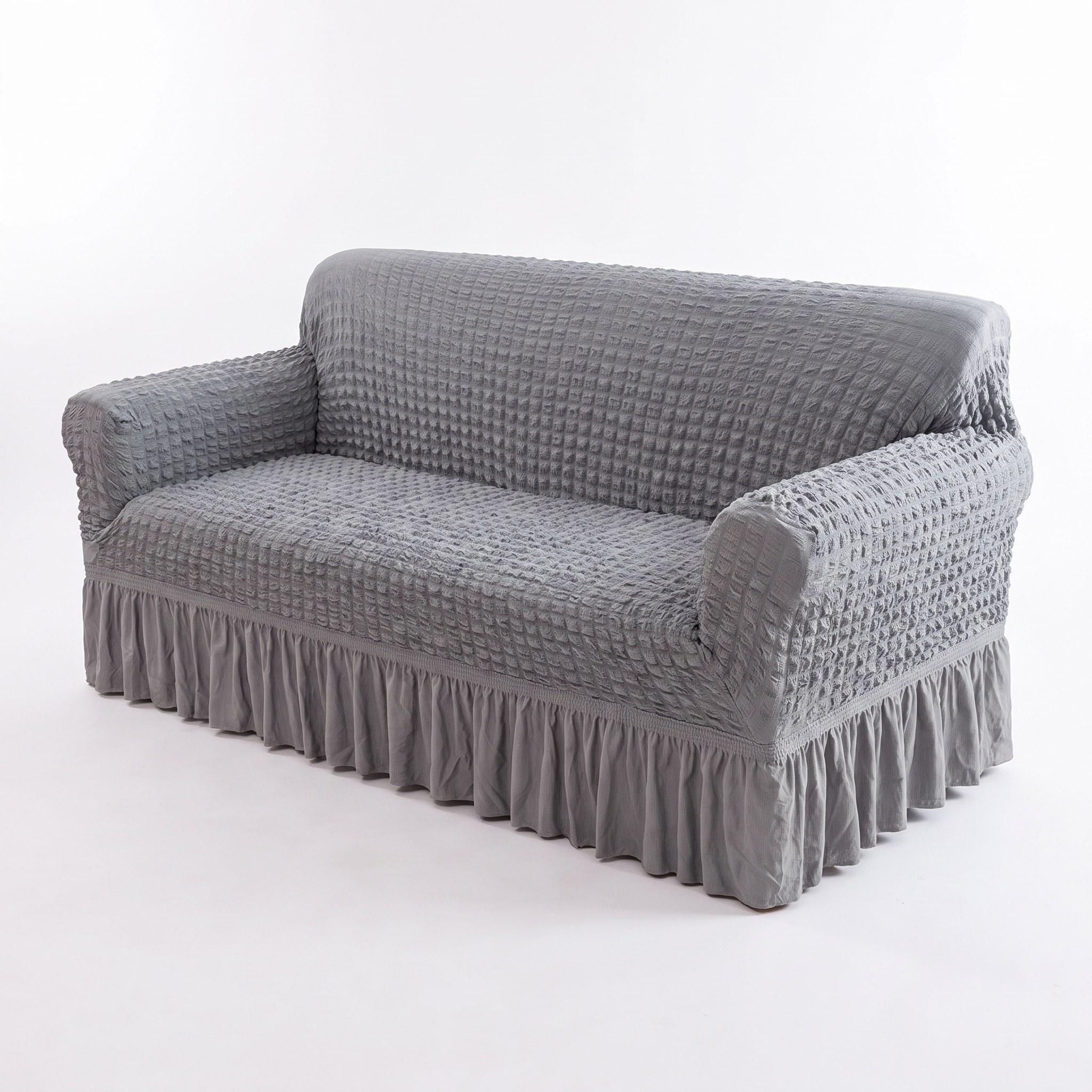 Stretch Sofa Slipcover – Grey Ruffled Skirt – product photo on a white background | Brivenzo