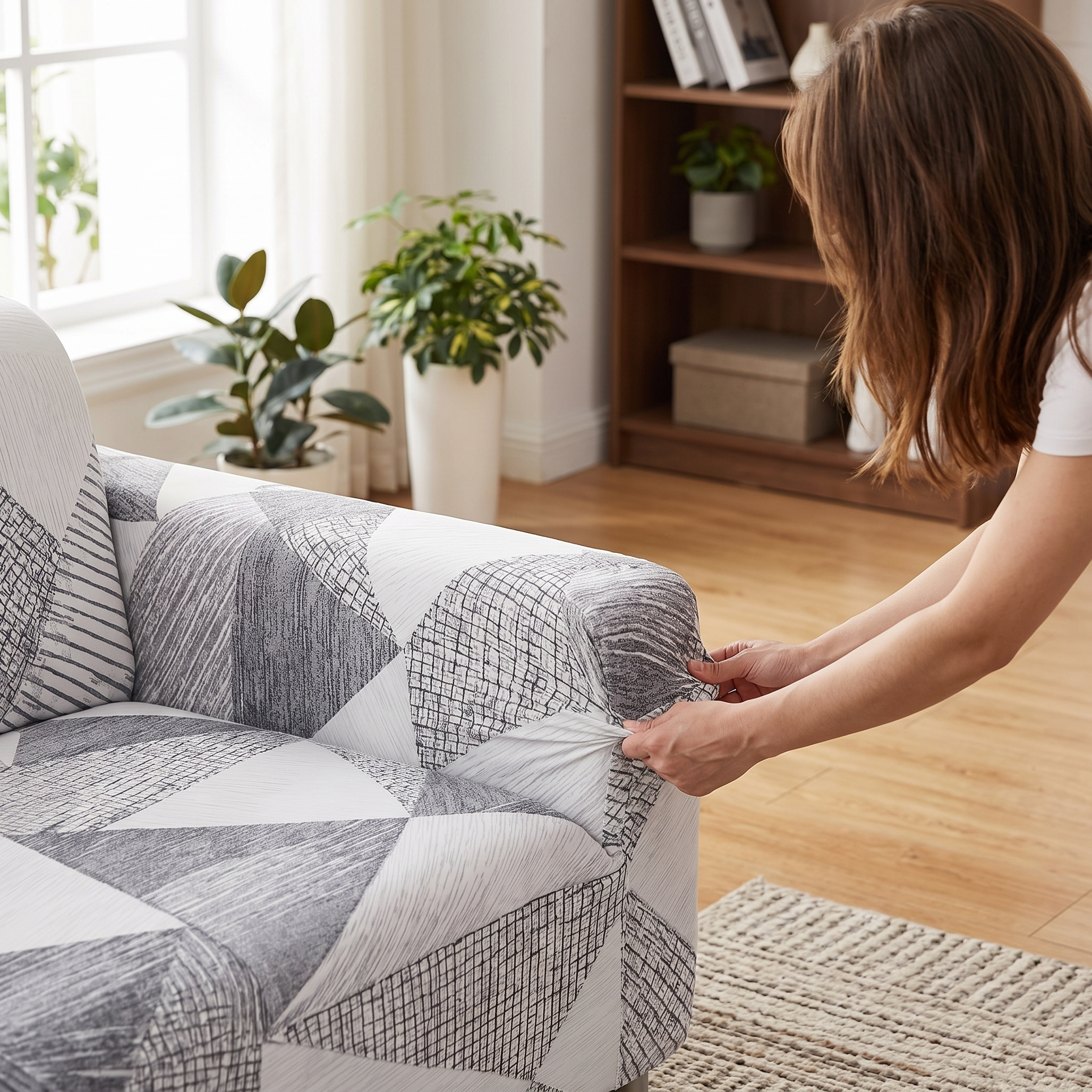 Stretch Sofa Slipcover – Grey Scandinavian Geometric Print – product view 5 | Brivenzo