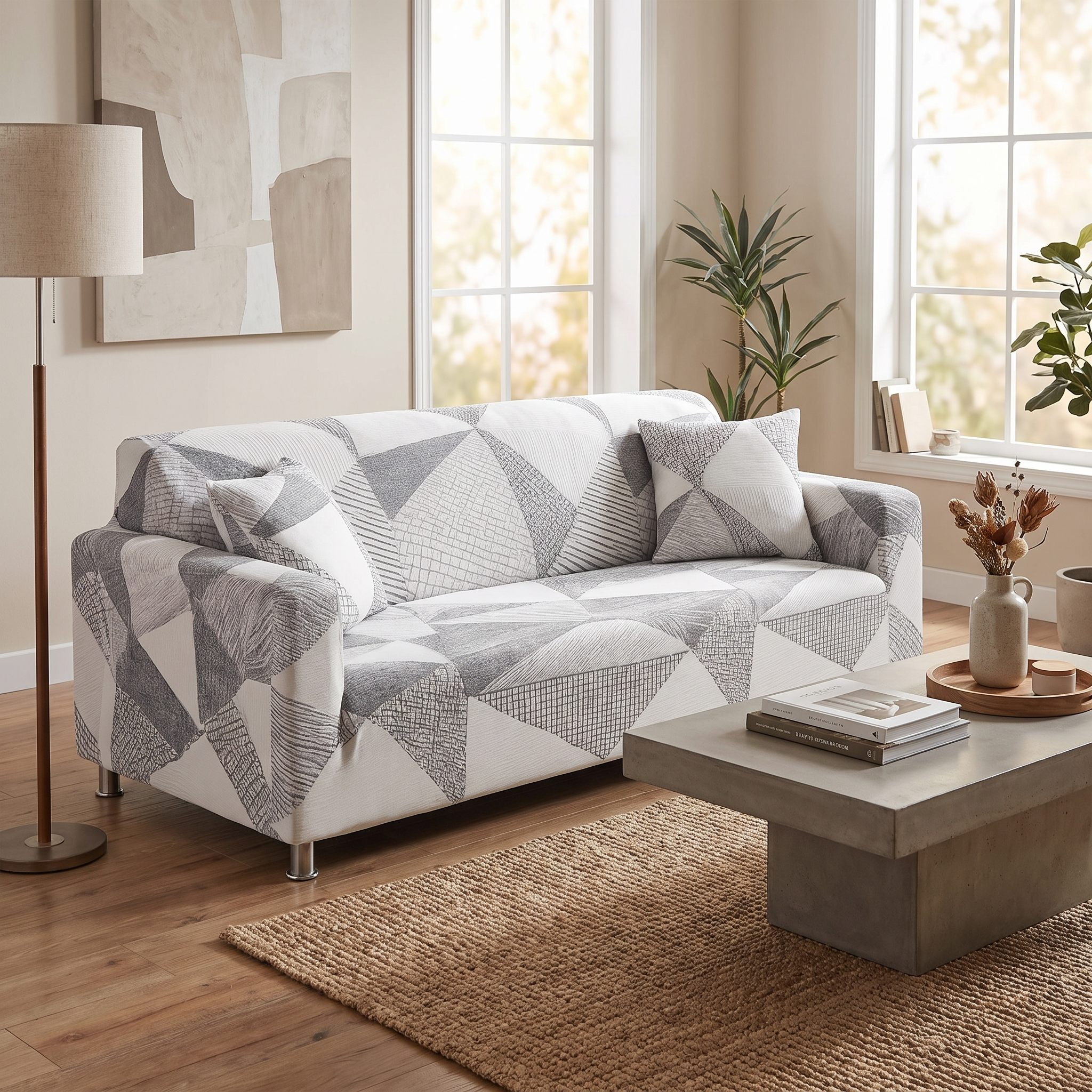 Stretch Sofa Slipcover – Grey Scandinavian Geometric Print – product view 7 | Brivenzo