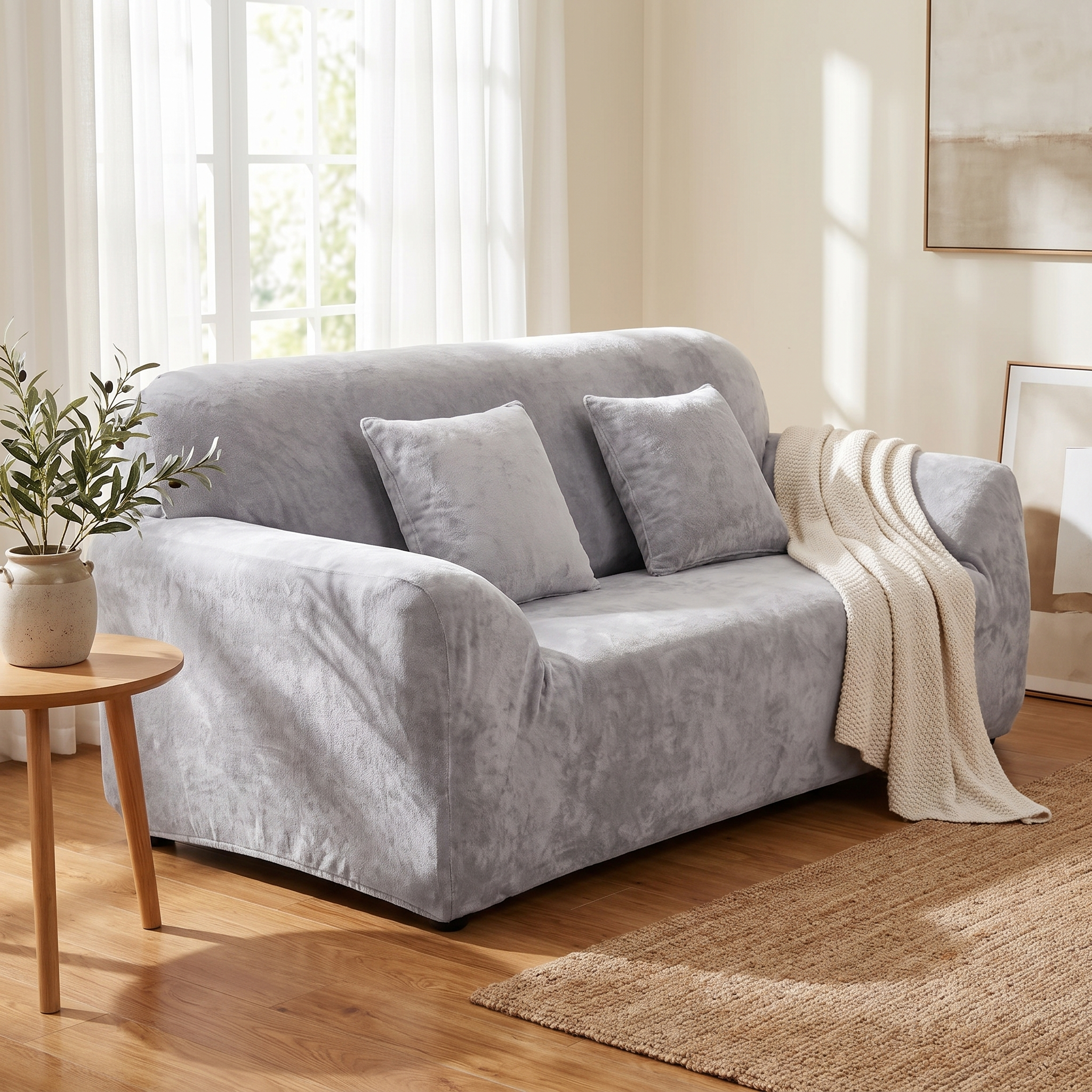 Stretch Sofa Slipcover – Grey Velvet shown in a styled home interior | Brivenzo