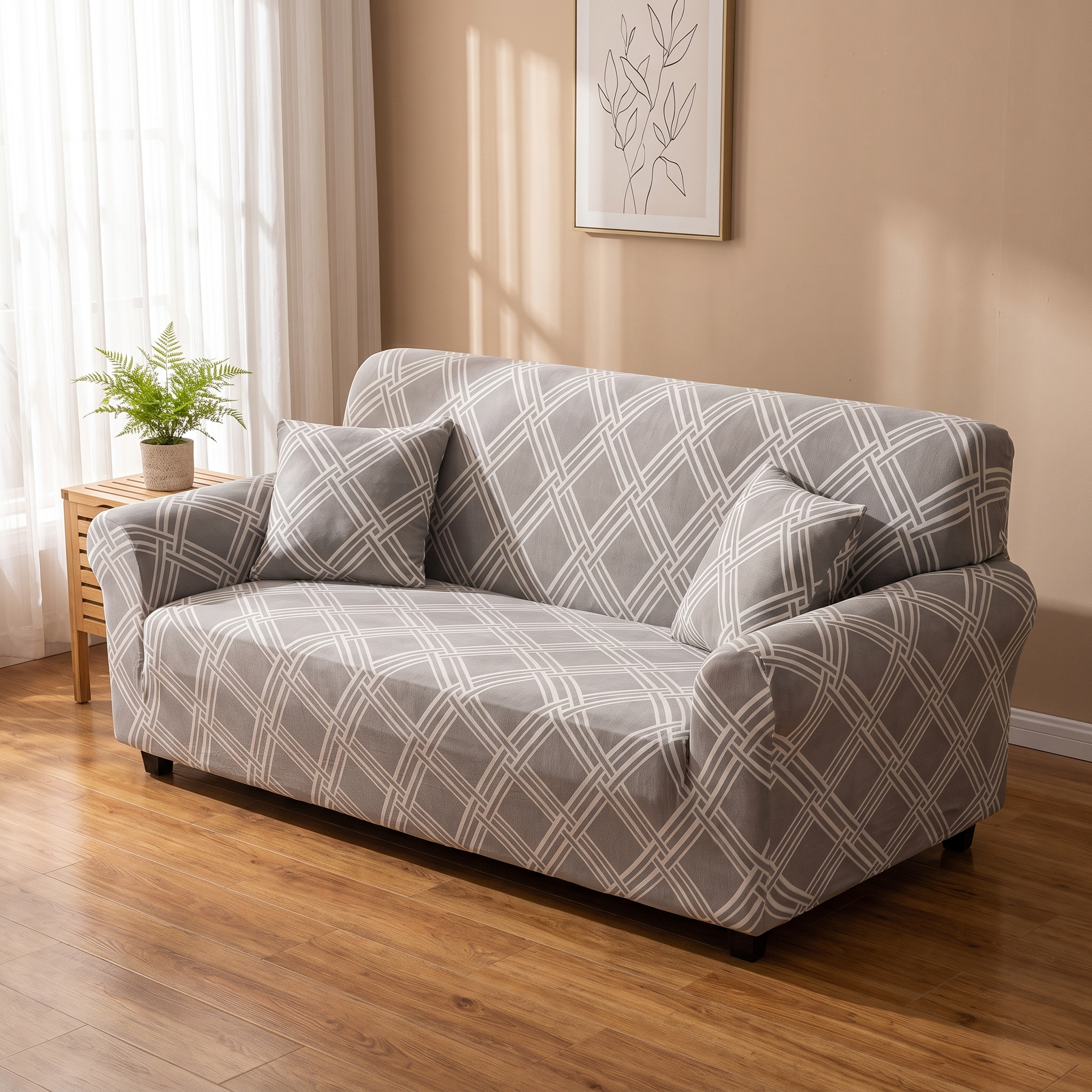 Grey White Crosshatch Lattice Print Stretch Sofa Slipcover - living room