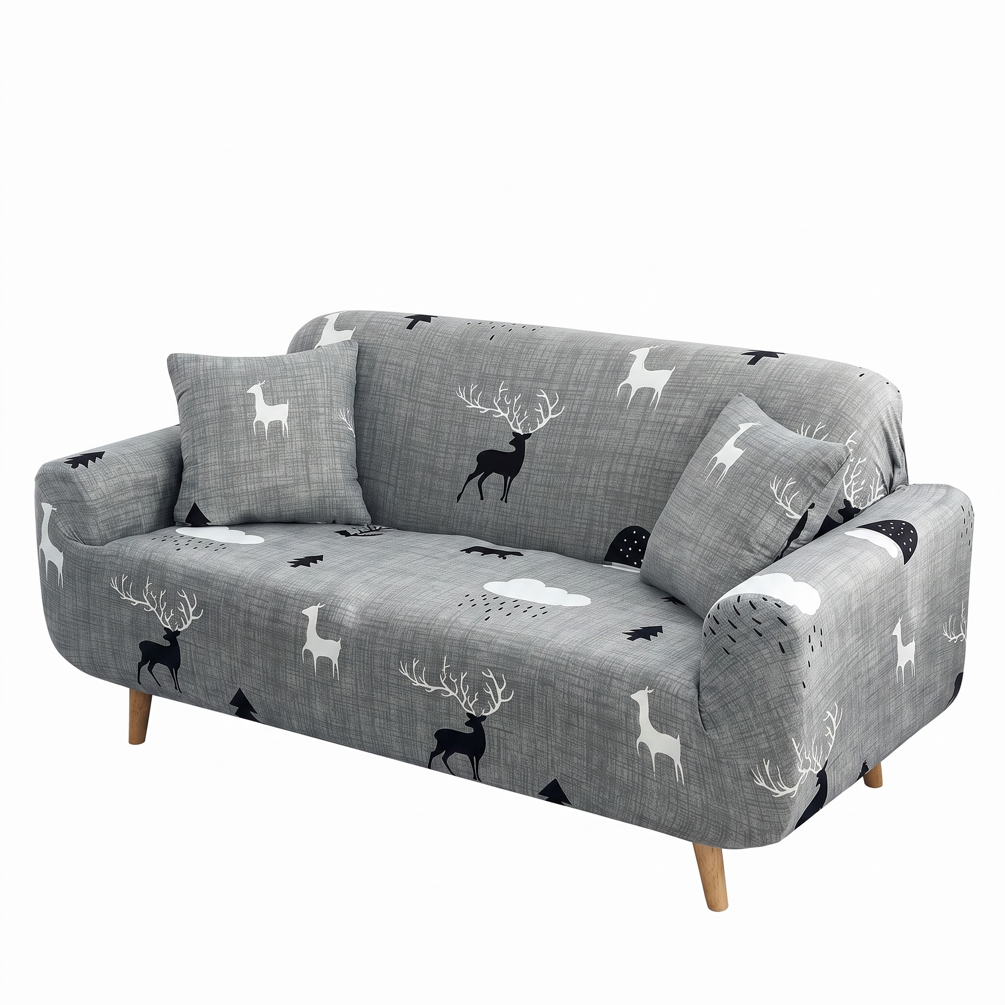 Stretch Sofa Slipcover – Grey Woodland Deer Print – product photo on a white background | Brivenzo