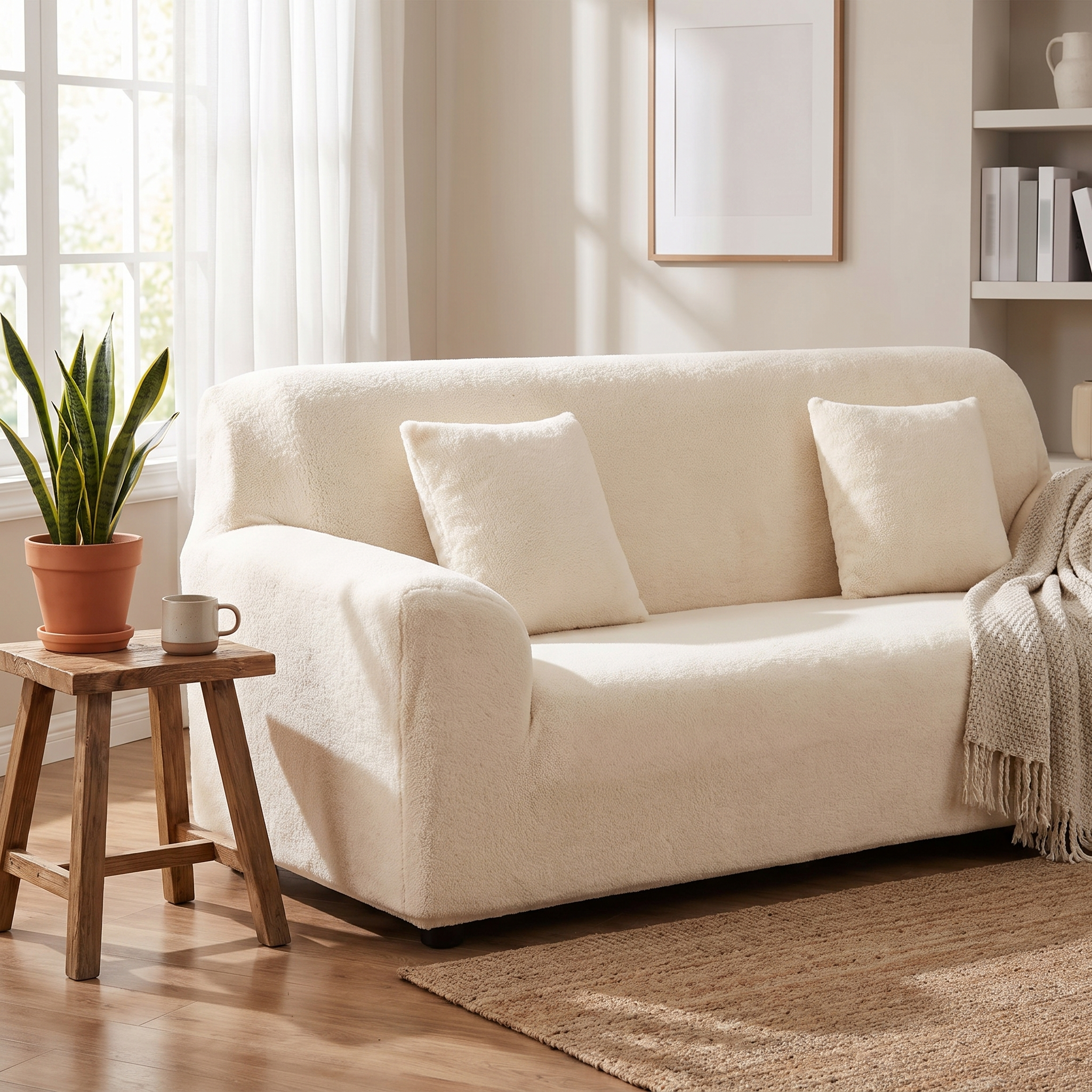 Stretch Sofa Slipcover – Ivory Velvet shown in a styled home interior | Brivenzo