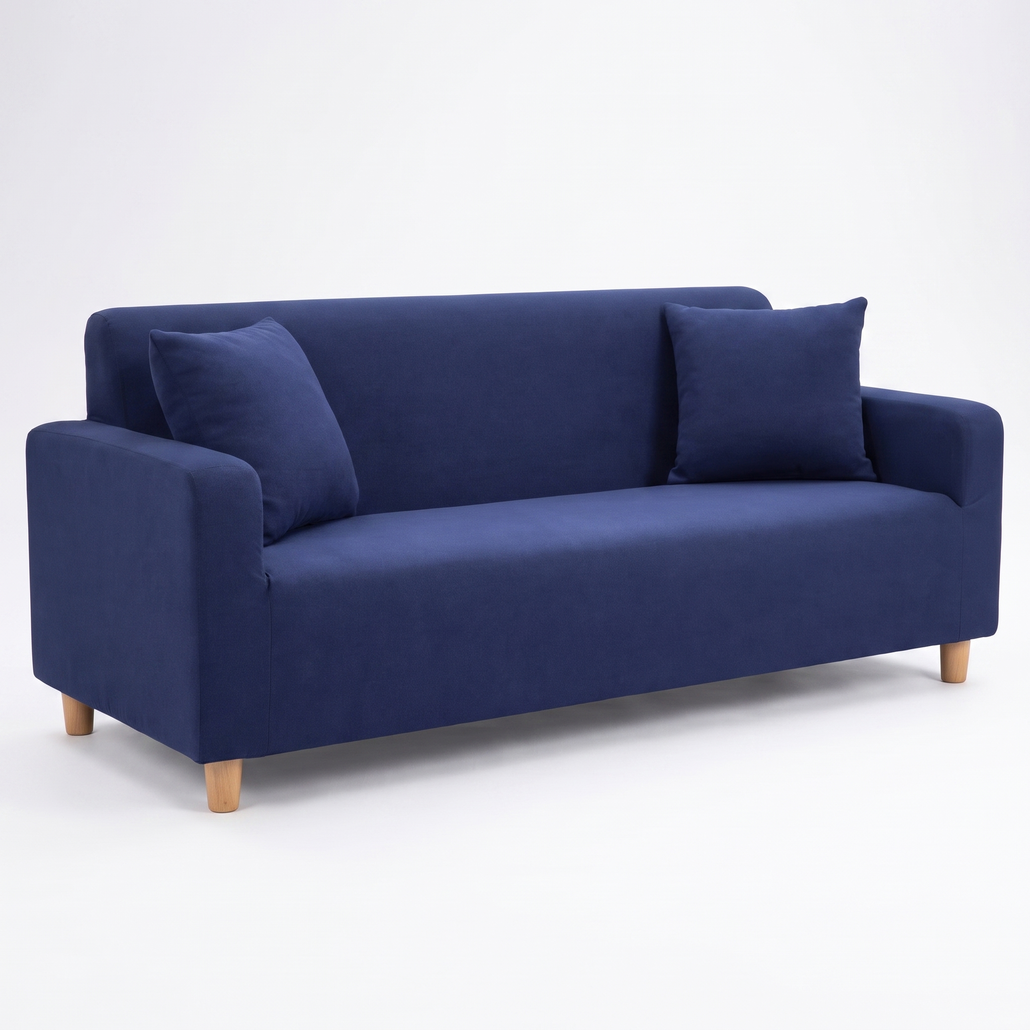 Stretch sofa slipcover in midnight blue, front view