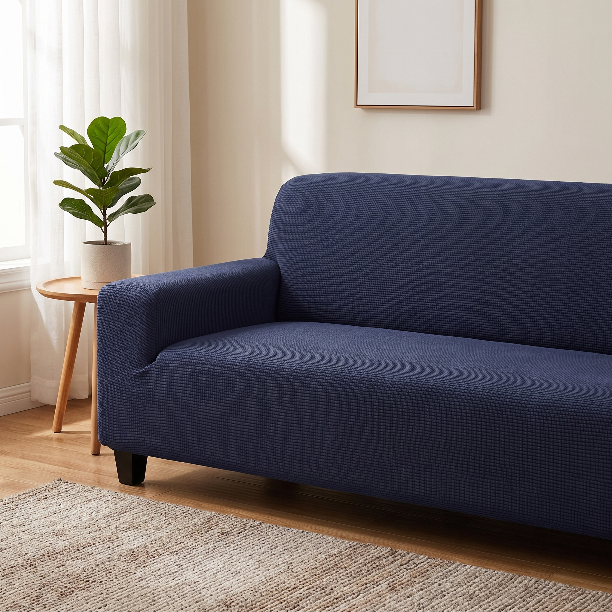Stretch Sofa Slipcover – Midnight Blue Ribbed Stretch Fabric shown in a styled home interior | Brivenzo