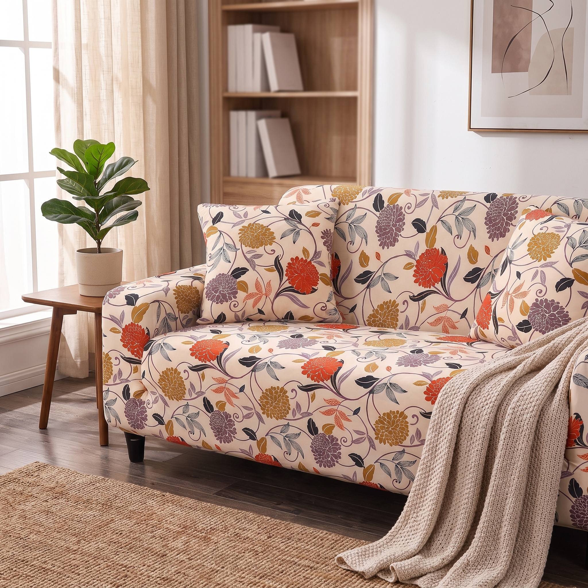 Stretch Sofa Slipcover – Multicolor Dahlia Floral Print shown in a styled home interior | Brivenzo