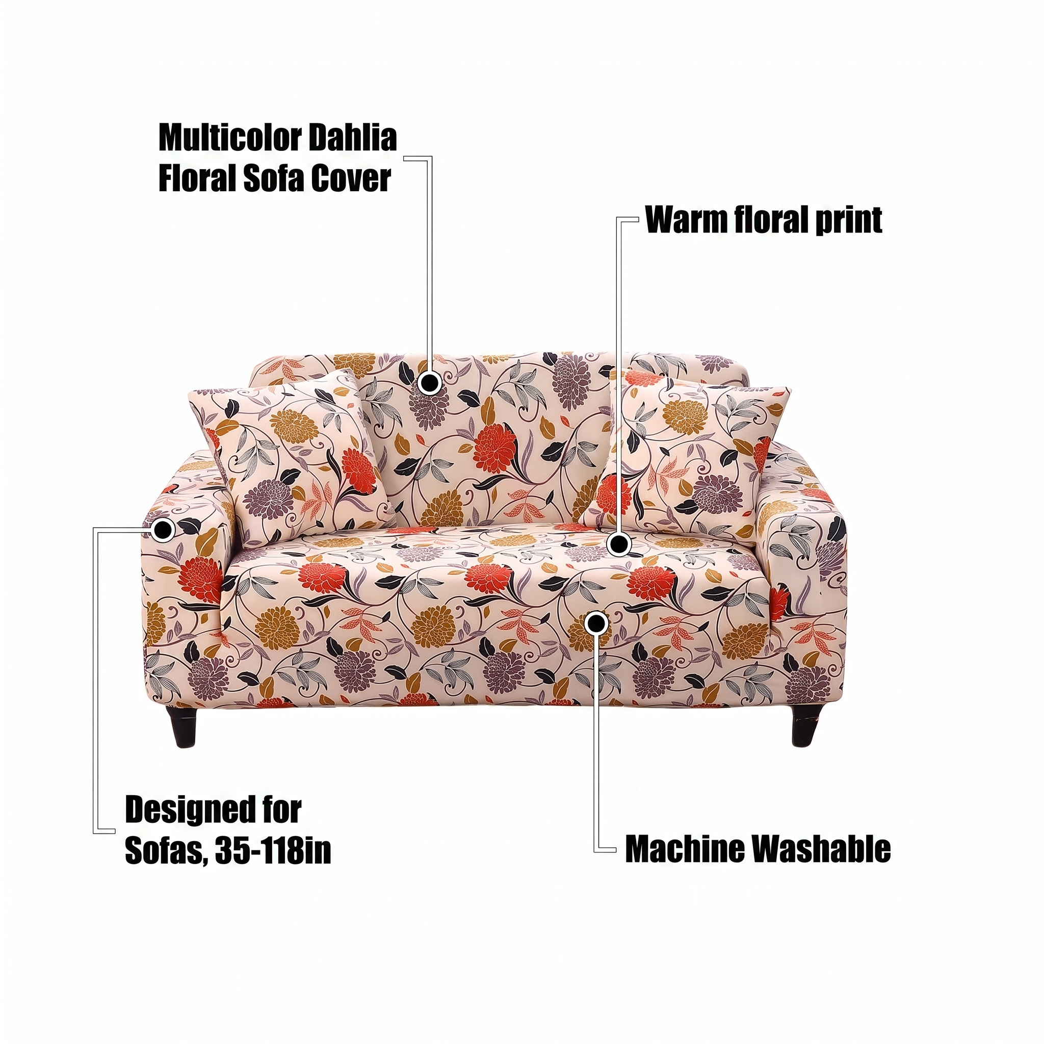 Stretch Sofa Slipcover – Multicolor Dahlia Floral Print – features and specifications overview | Brivenzo