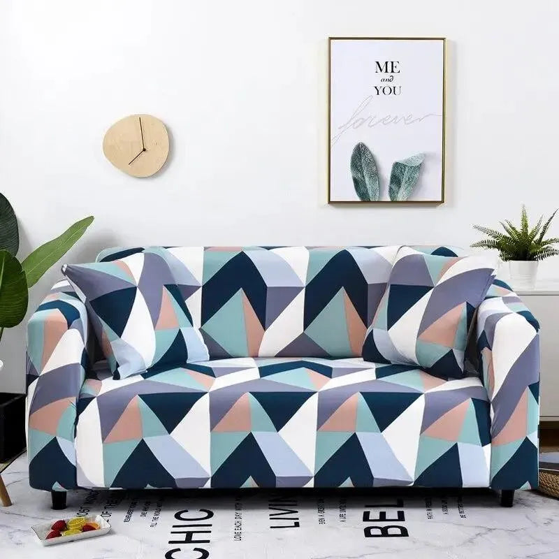 Stretch Sofa Slipcover – Navy & Coral Geometric Mosaic – product view 4 | Brivenzo