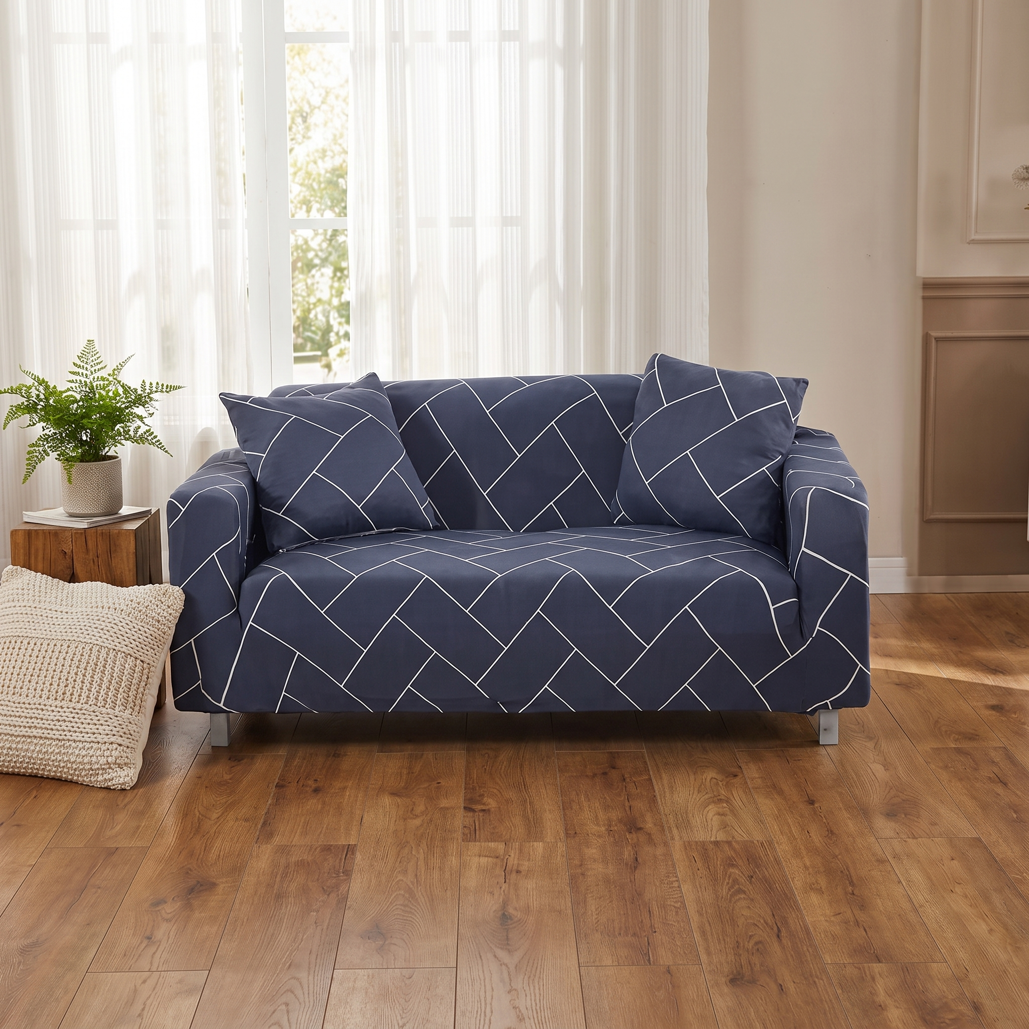 Stretch Sofa Slipcover | Navy Blue Geometric Brick Print - Living Room