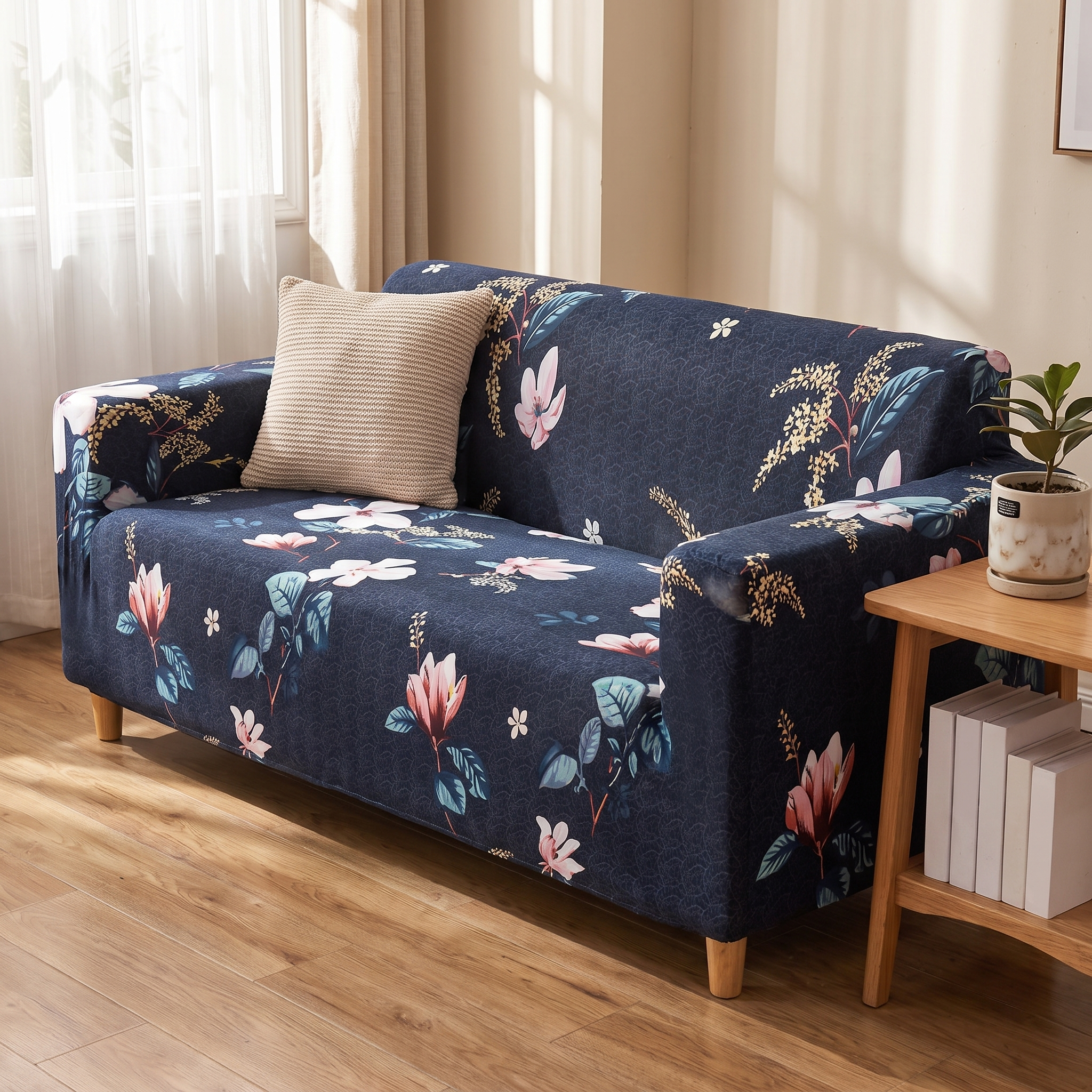 Stretch Sofa Slipcover – Navy Floral Print shown in a styled home interior | Brivenzo