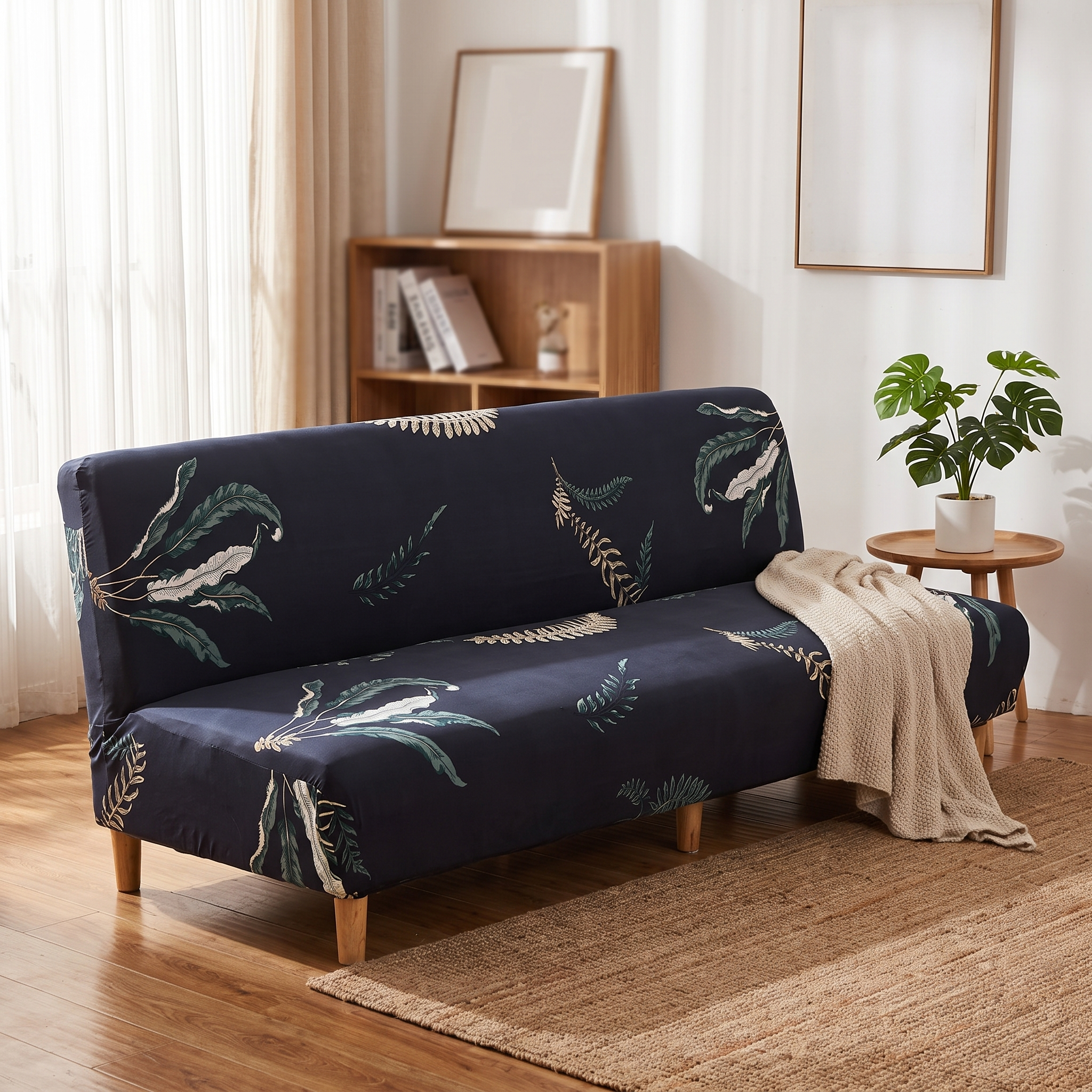 Stretch Sofa Slipcover Navy Green Leaf Print Sofa Bed