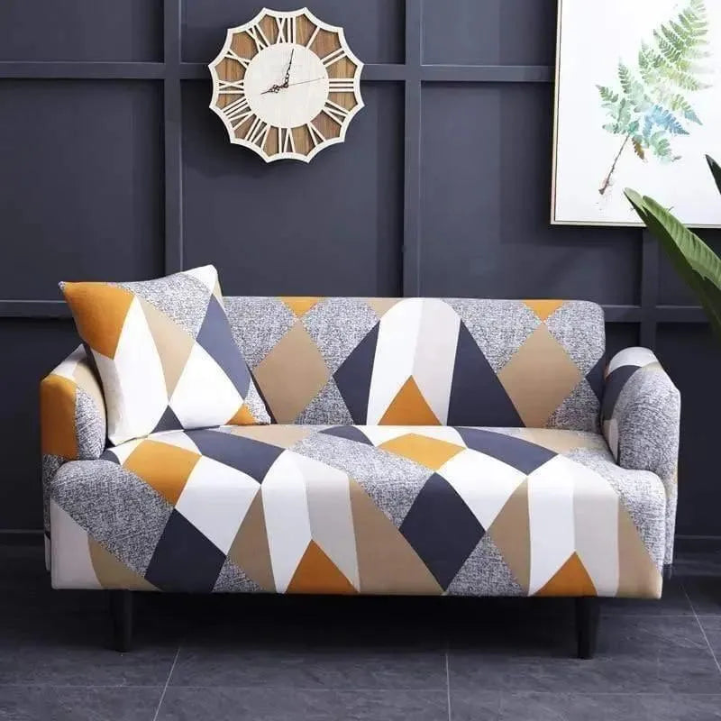 Stretch Sofa Slipcover – Navy Mustard Geometric Hexagon Print – product view 6 | Brivenzo