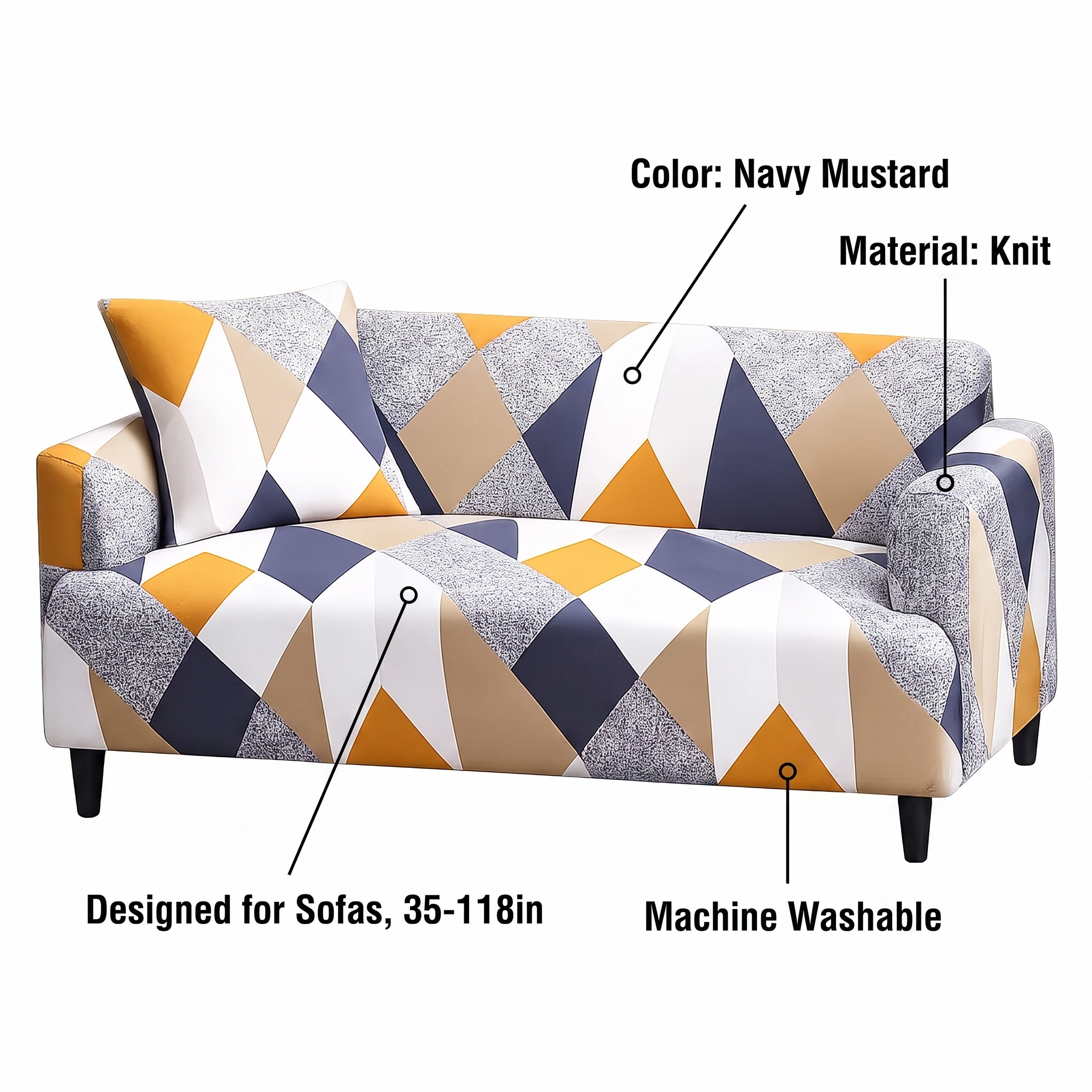 Stretch Sofa Slipcover – Navy Mustard Geometric Hexagon Print – features and specifications overview | Brivenzo