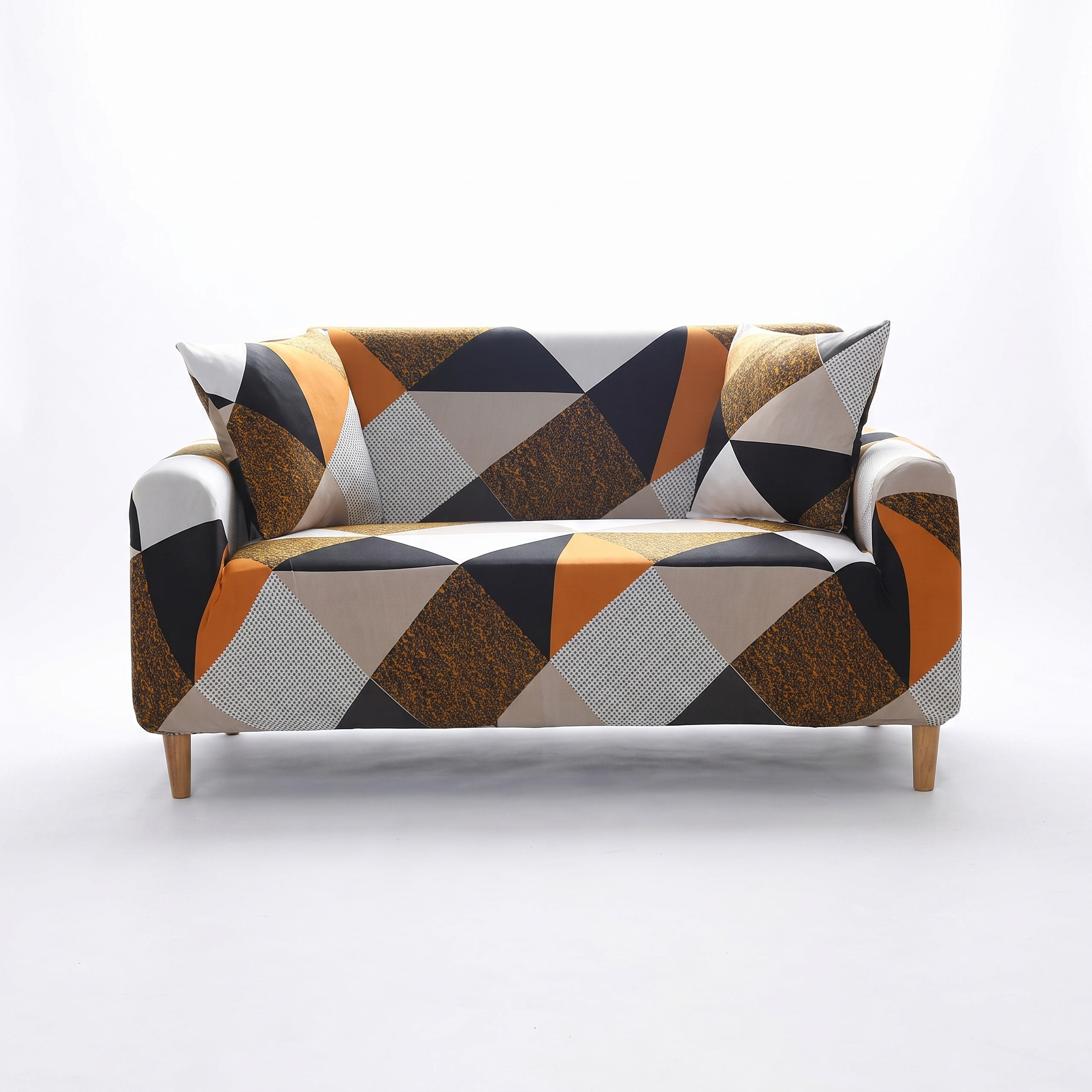 Stretch Sofa Slipcover – Navy Orange Geometric Triangle Print – product photo on a white background | Brivenzo