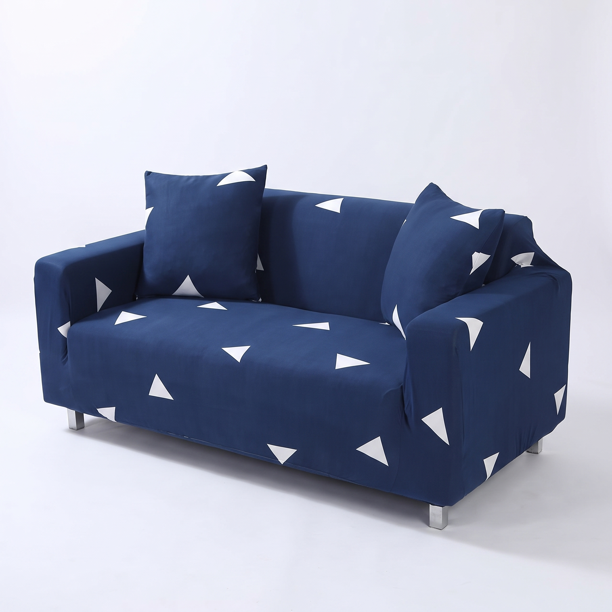 Stretch Sofa Slipcover – Navy White Triangle Print – product photo on a white background | Brivenzo