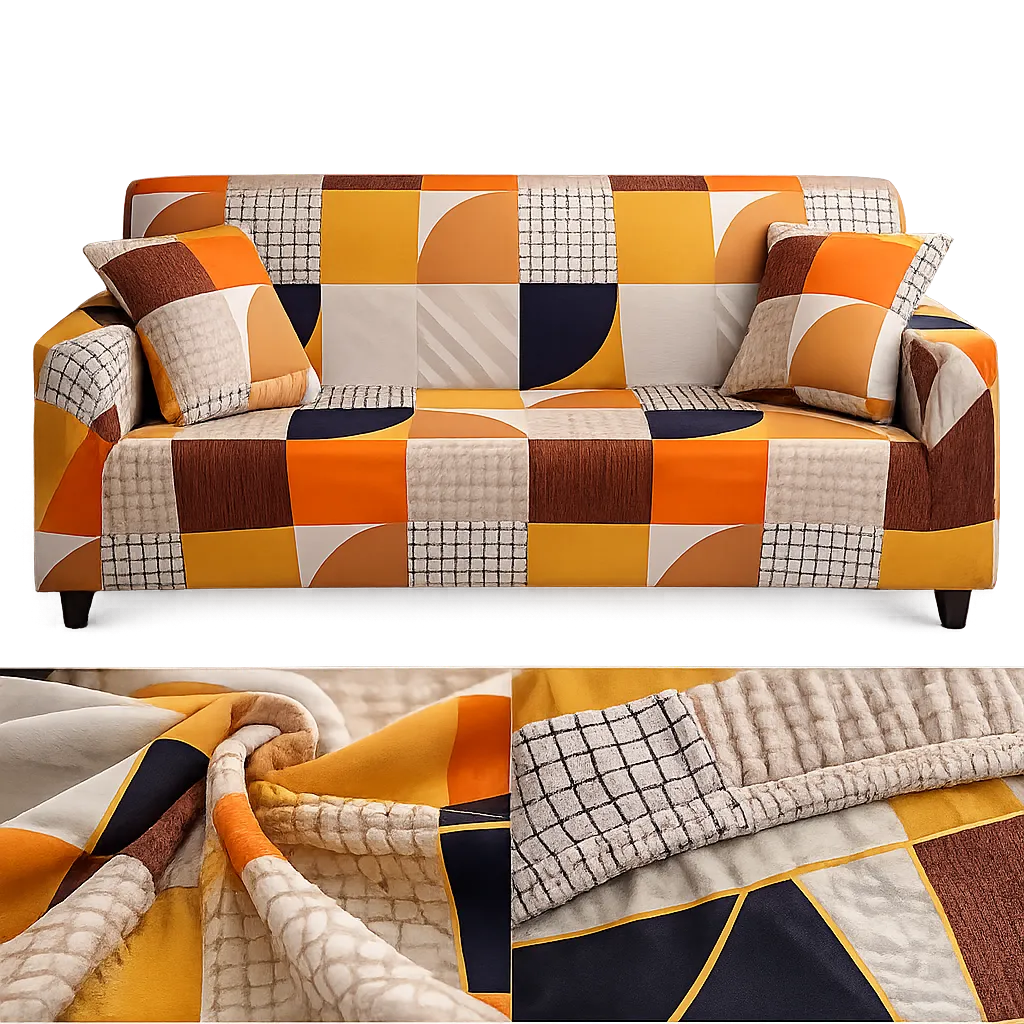 Stretch Sofa Slipcover – Orange Brown Mustard Geometric Print – product view 4 | Brivenzo