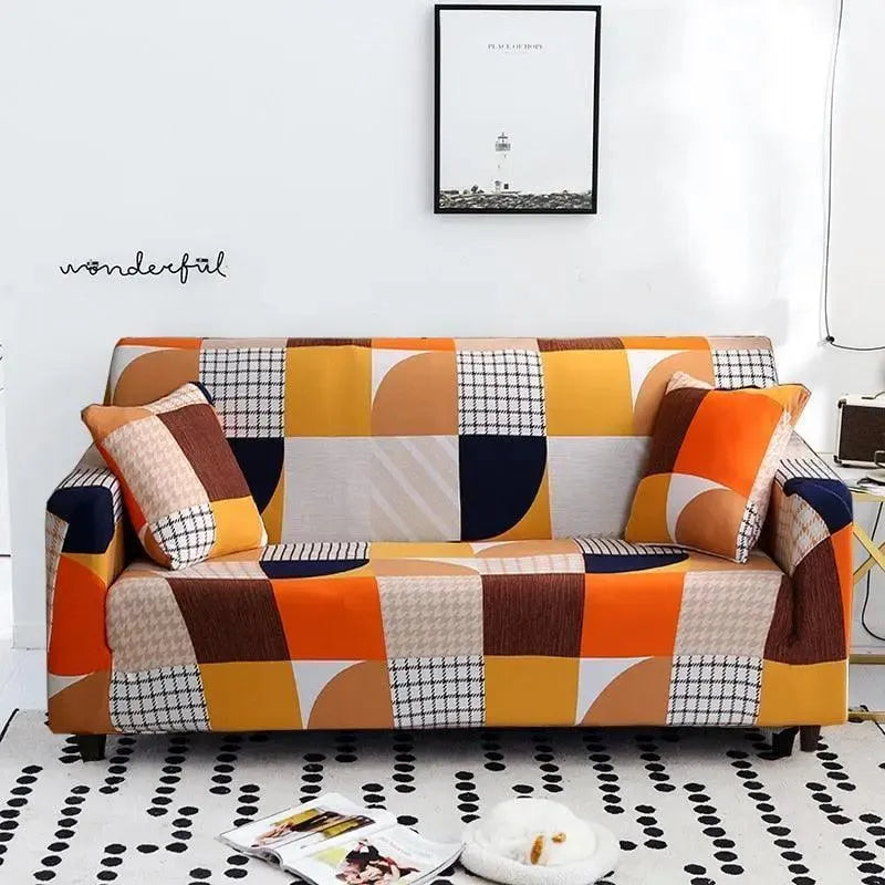 Stretch Sofa Slipcover – Orange Brown Mustard Geometric Print – product view 5 | Brivenzo