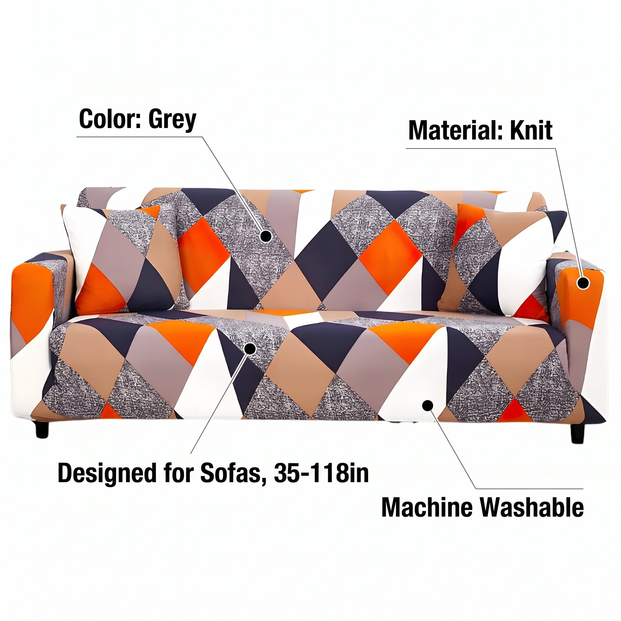 Stretch Sofa Slipcover – Orange Navy Grey Geometric Diamond Print – features and specifications overview | Brivenzo