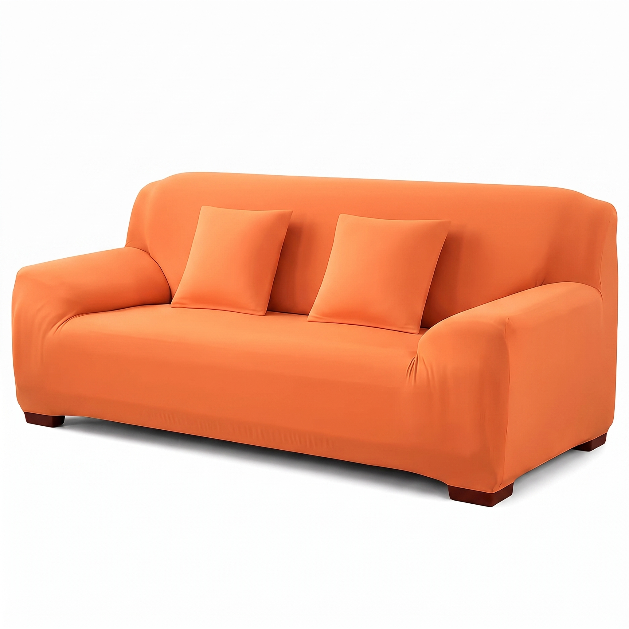 Stretch sofa slipcover in orange, front view