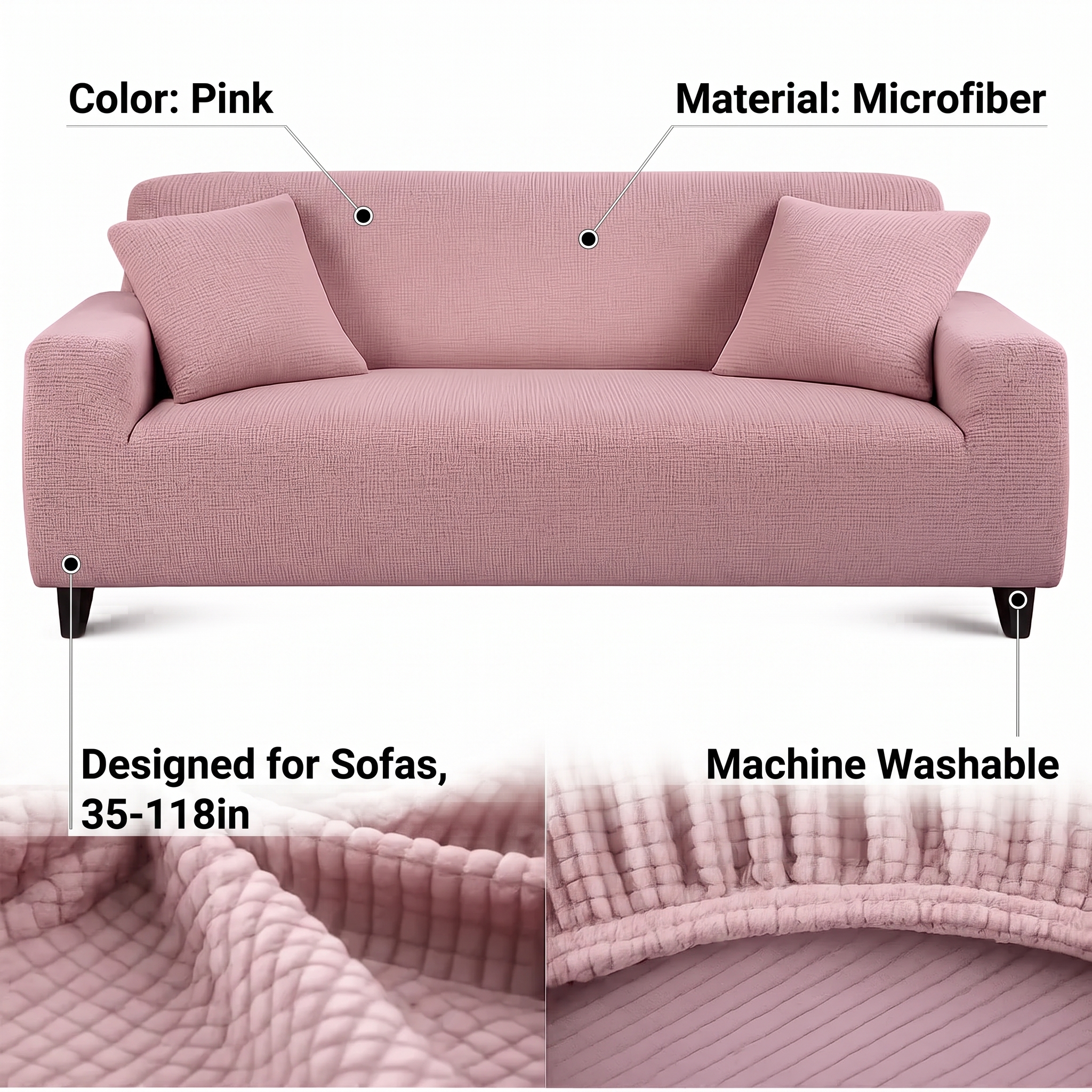 Pink waterproof sofa cover - fabric details and sizing